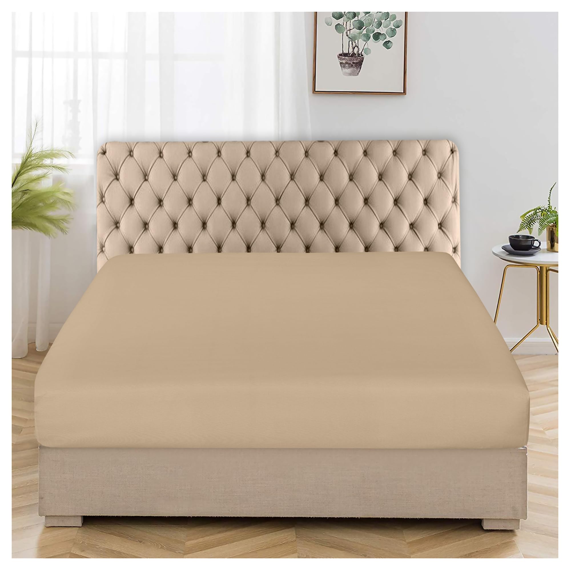 Egyptian Cotton Fitted Sheets Super King - 300 Thread Count 30cm Deep Pocket Hotel Quality Bottom Sheet, Beige 180x200cm