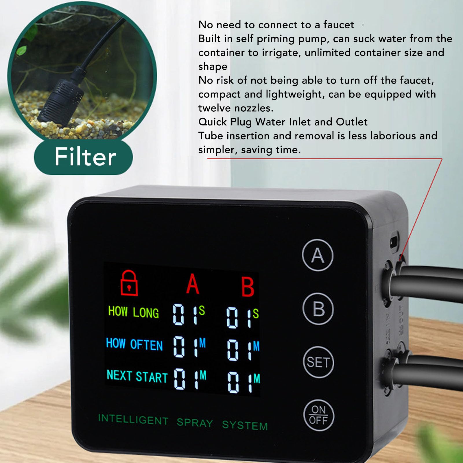 Humidificador de Reptiles, Boquilla de Color de Bomba Doble Boquilla Ajustable Pulverización Automática Reptilter Reptile Reptilium Terrario Fogger Humidificador para Reptiles