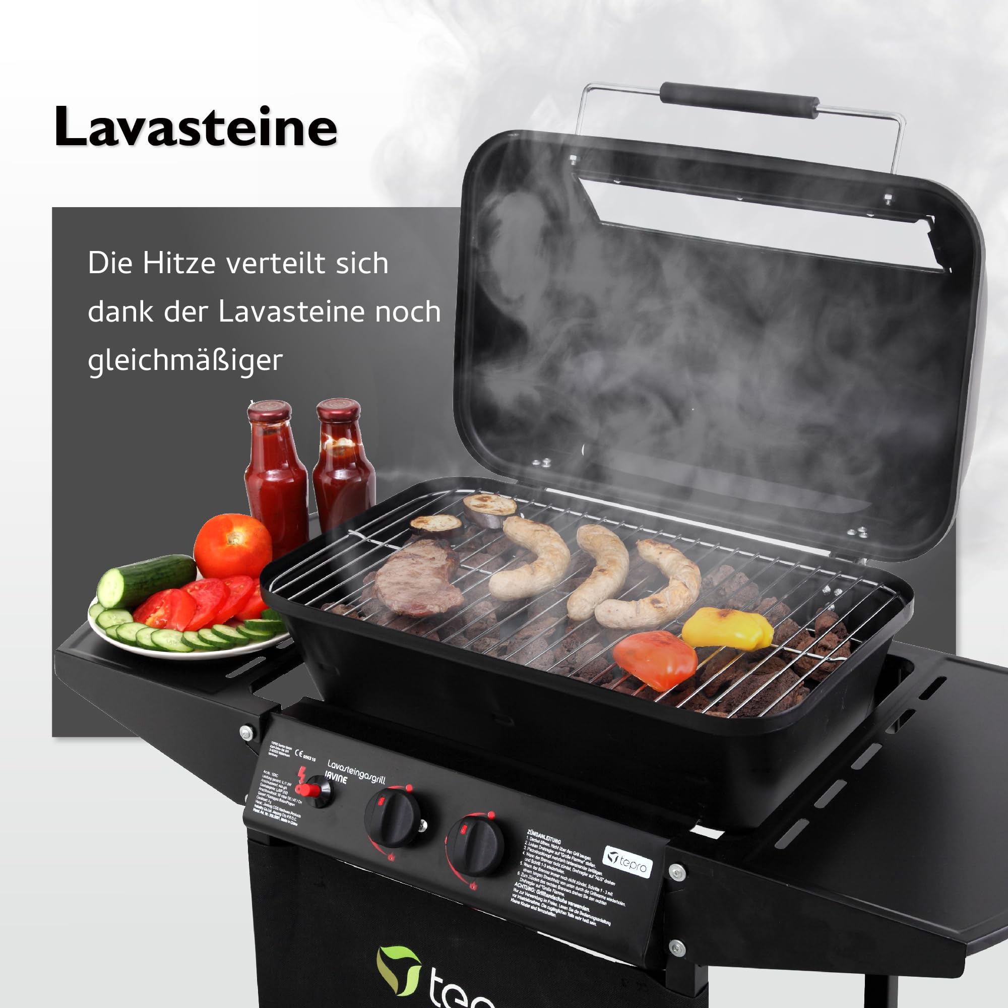 tepro Grill gazowy z lawy wulkanicznej Irvine, moc całkowita maks. 5,4 kW, powierzchnia grillowania: ok. 50 x 31 cm
