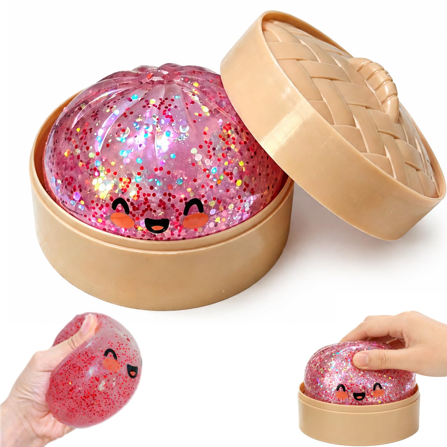 Glitter Dumpling Squishy Toy, Giant Dumpling With Steamer, Colorful Stress Relief Toys, Bao Bun Fidget Sensory Toy, Anxiety Relief Dumplings Squeeze Toys for Kids Adults