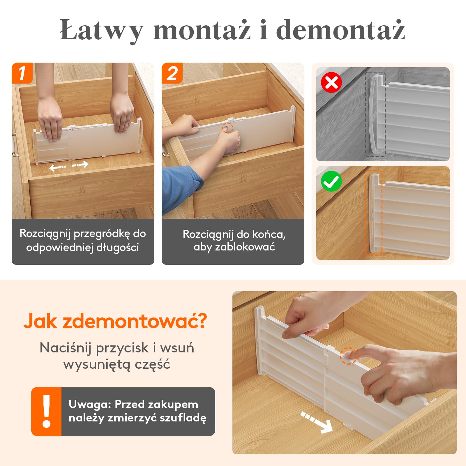 Lifewit 4-pakt głębokich przegród szufladowych o wysokości 15,2 cm, 29,2-47 cm rozszerzalne przegródki na ubrania do szuflad, regulowane organizery do szuflad komody, białe separatory szufladowe do