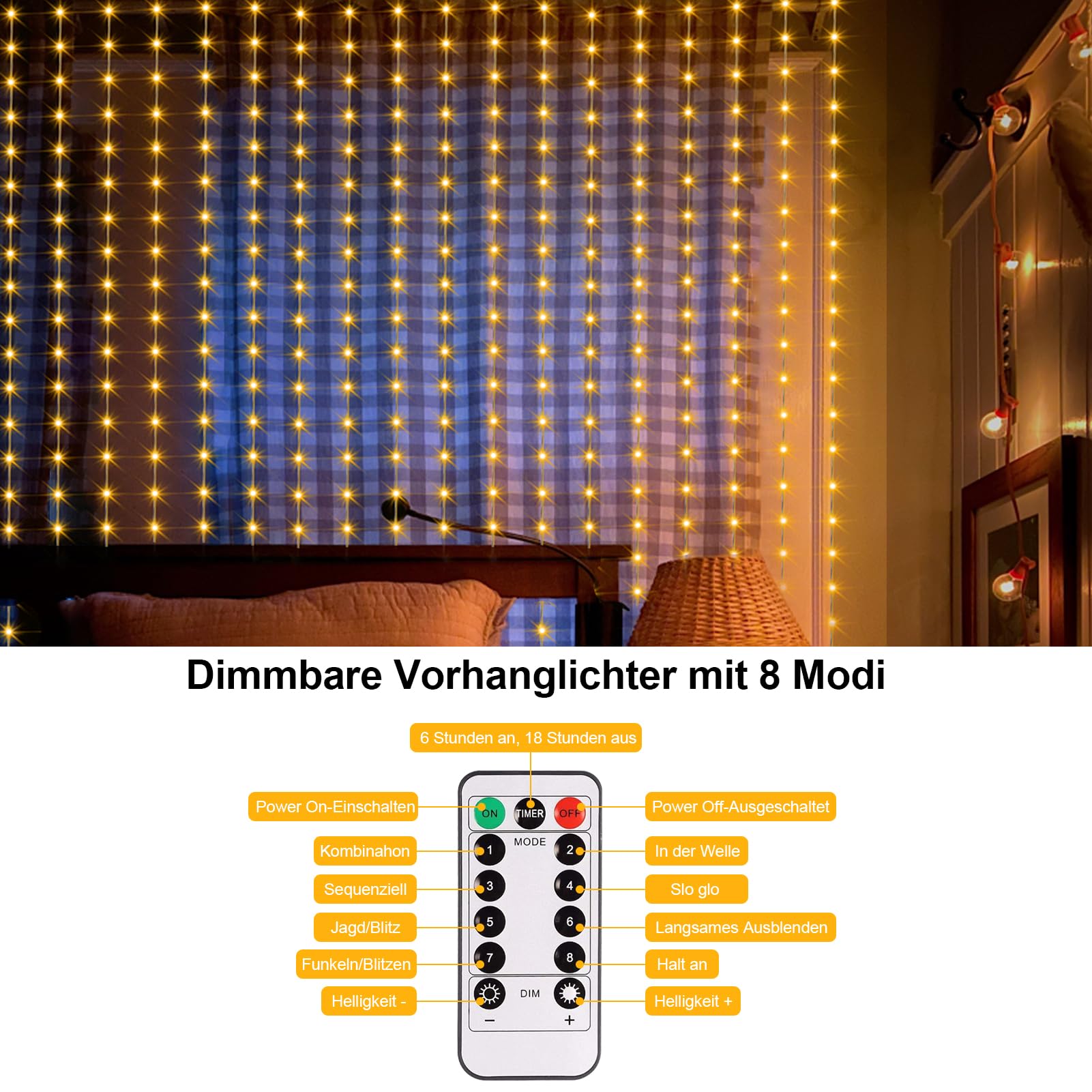 DBFAIRY Tenda luci fiabesche 2x2m 200 LED tenda luci fiabesche 8 modalità LED luci fiabesche telecomando timer luminosità regolabile per festa di Natale decorazione interna ed esterna (bianco caldo)