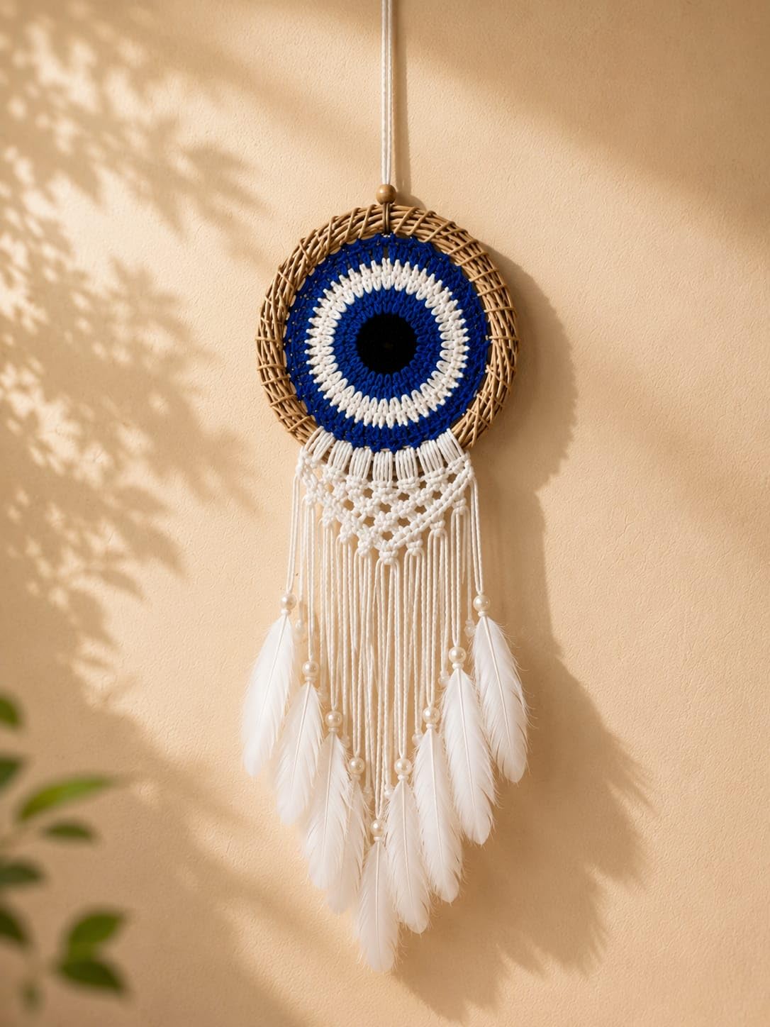 Handmade Evil Eye Rattan Ring Dream Catcher Wall Hanging – Blue Nazar Protection Decor with White Feathers, Boho Macrame Dreamcatcher for Bedroom, Living Room, Home & Office Decoration-image-33