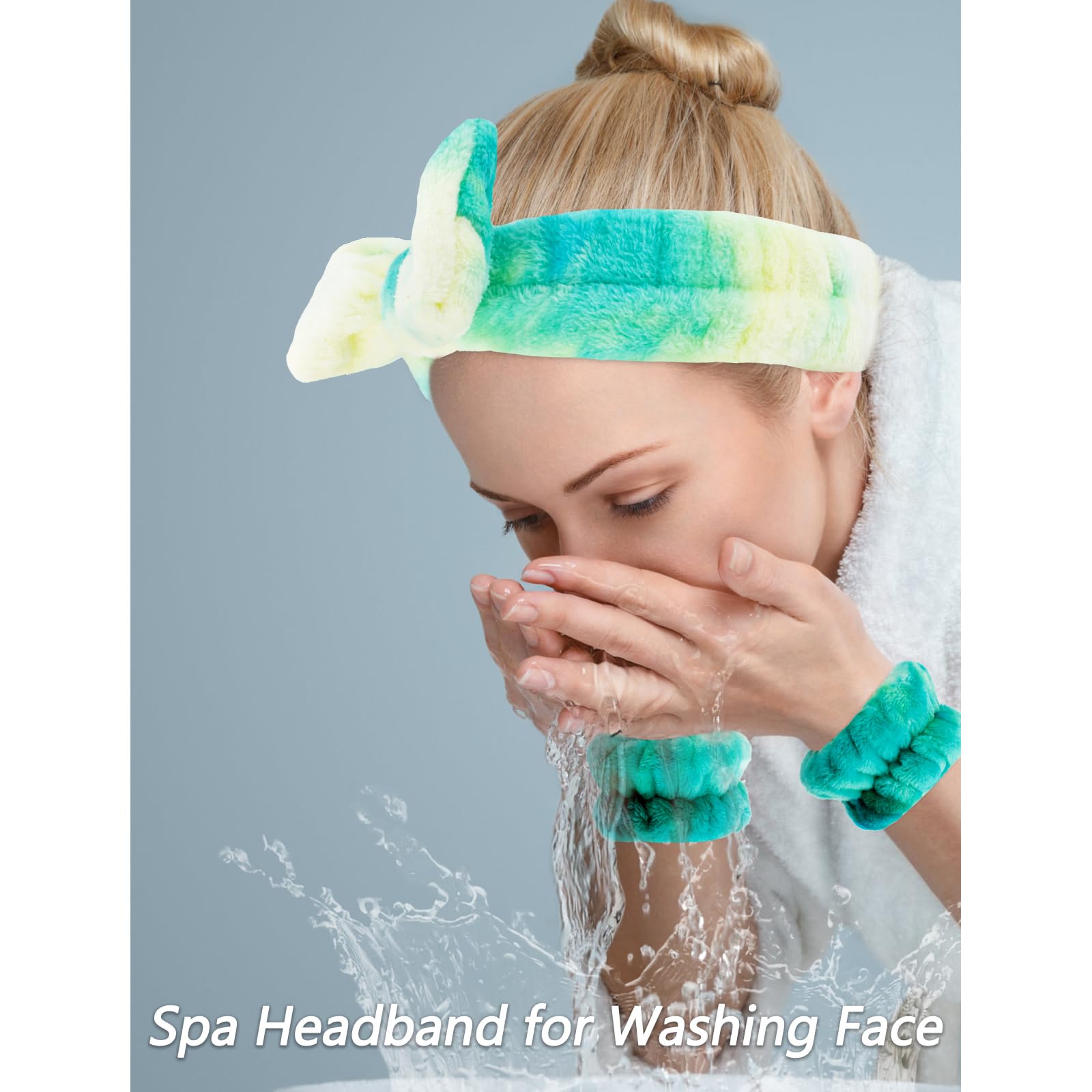 VELSCRUN Fascia per capelli da spa, per il lavaggio del viso e la cura della pelle, 6 pezzi, verde colorato, papillon in spugna per prepararsi, set di braccialetti per il viso, roba per ragazze e