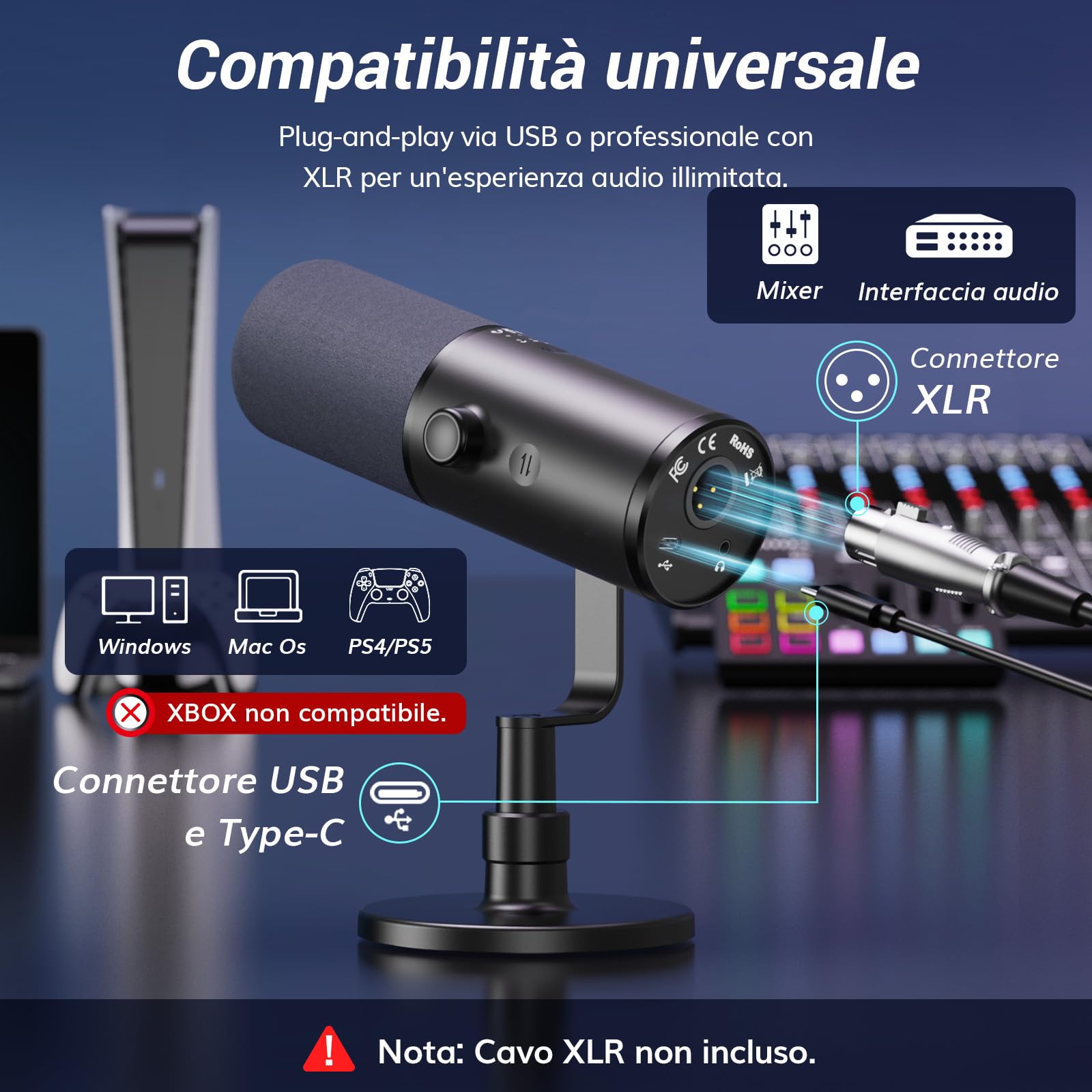 TONOR Microfono podcast dinamico per studio, microfono XLR/USB, cancellazione del rumore AI, funzione tap mute, jack per cuffie da 3,5 mm, controllo volume, micro con supporto da tavolo, nero, TD510