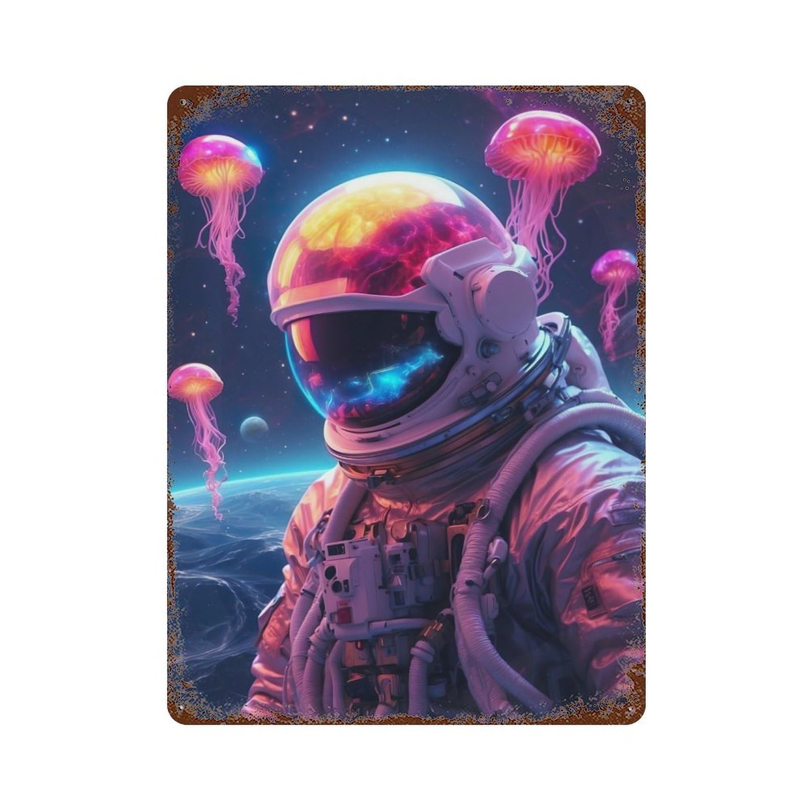 Garage Style Space Jellyfish Astronaut Rusty Metal Tin Sign 15.7"x11.8", Farmhouse Wall Decor for Bar And Workshop