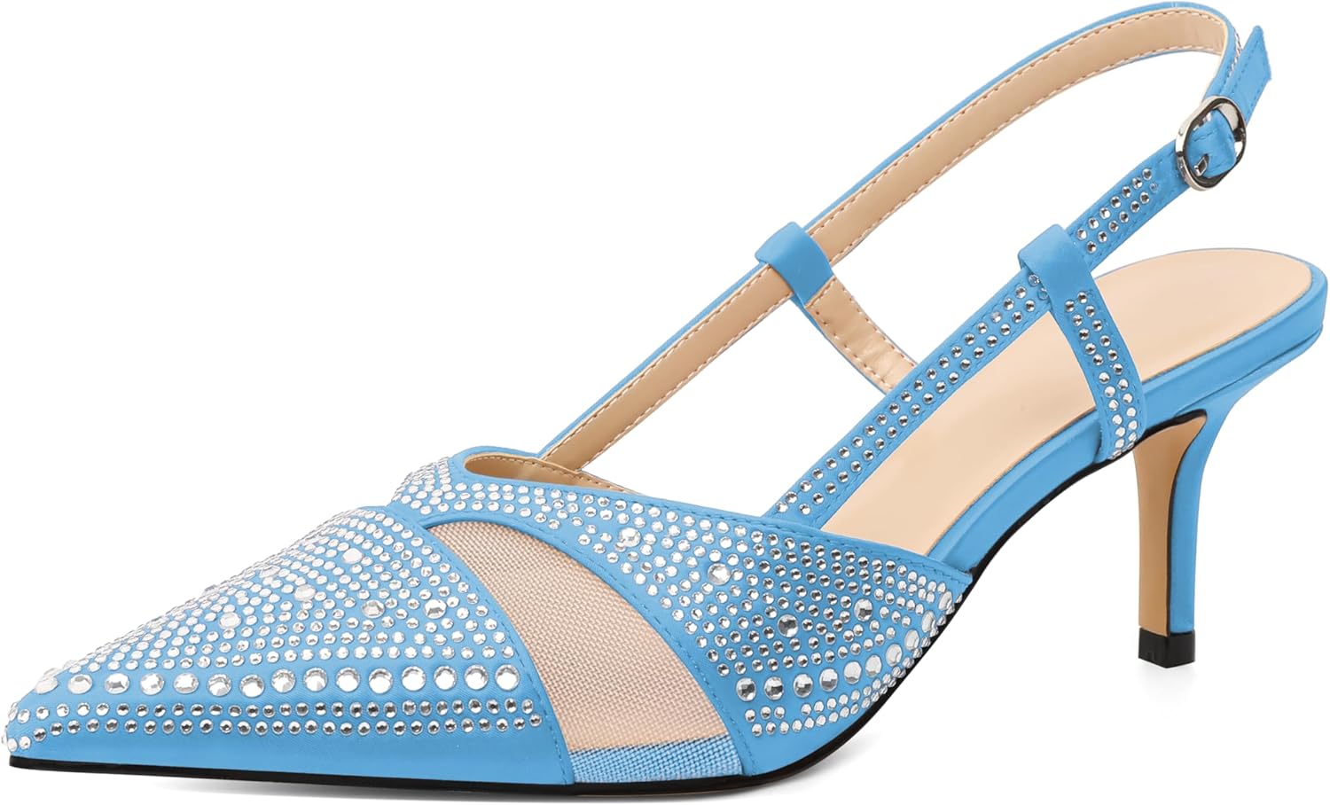 AUMOTED Women Kitten Slingback Pumps Mesh Heels Closed Pointed Toe Fabulous Lady Rhinestone Pumps 2.5 Inches