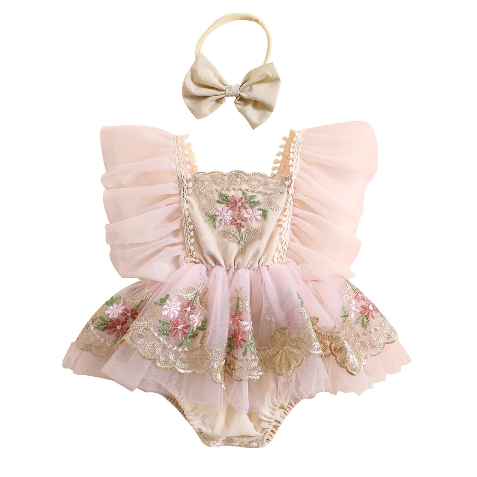 BULINGNA Baby Girl Summer Lace Tutu Romper Dress with Headband Flutter Sleeve Floral Lace Embroidery Skirt Princess Sundress (Pink, 3-6 Months)