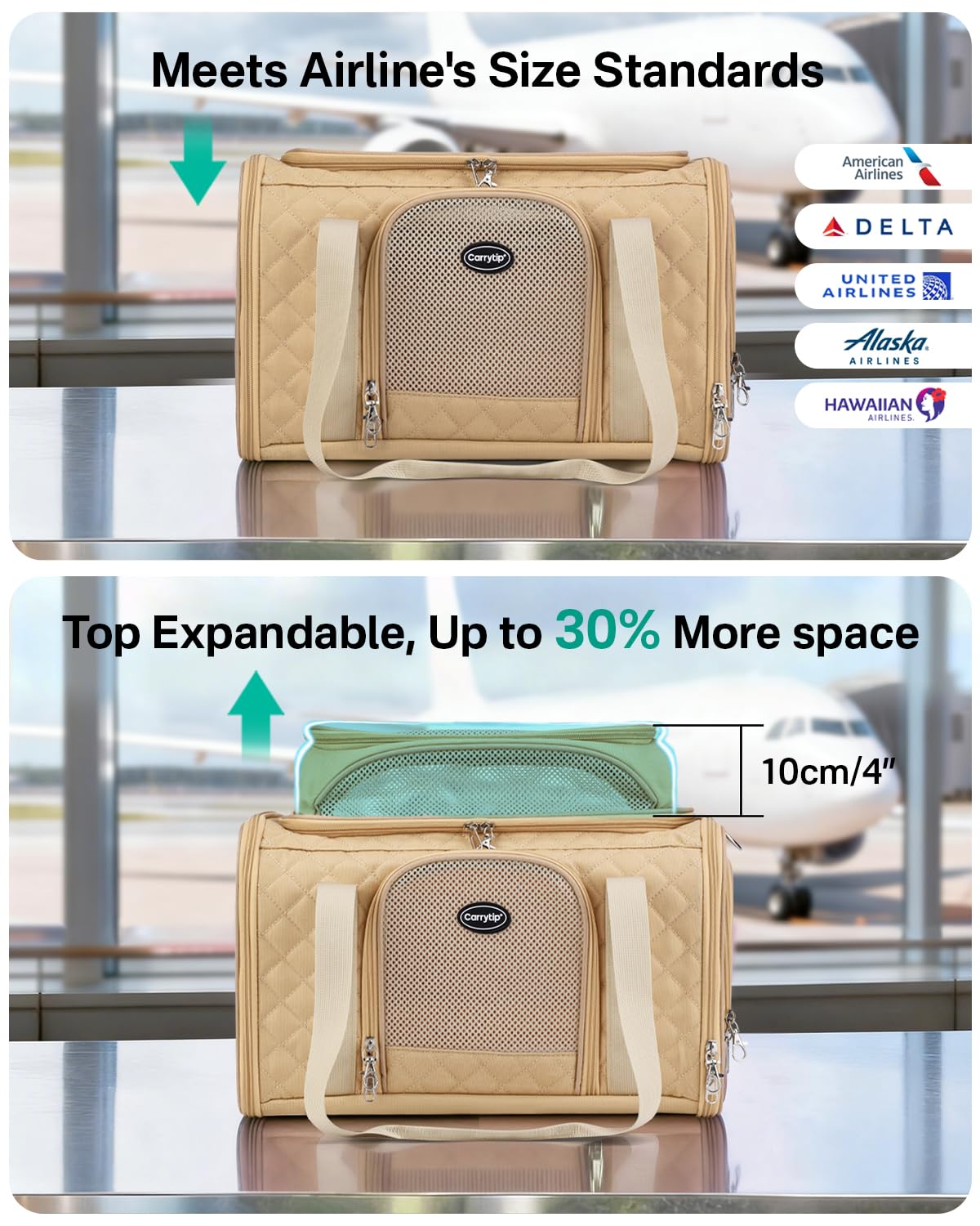 CarryTip Cat Carrier Airline Approved 17x11x9.5 Inches, Top Expandable Soft Sided Pet Travel Carrier for Cats & Small Dogs, Fits Under Airline Seat with Locking Zippers, Brown - image 6