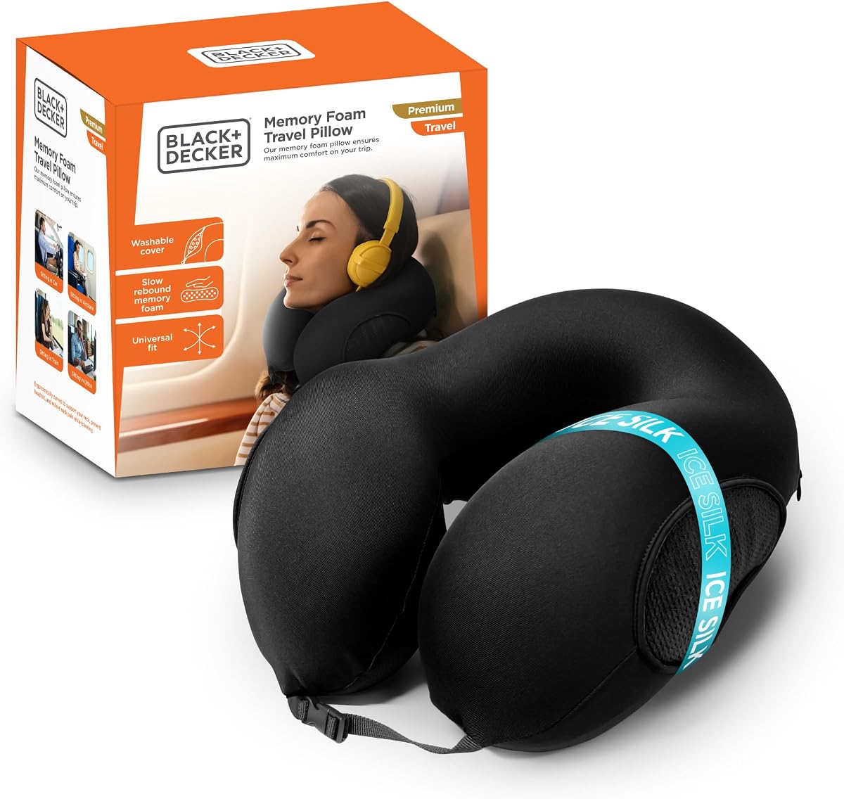 Almohada de viaje para el cuello de espuma viscoelástica para avión, coche y tren | Tela refrescante de seda de hielo, diseño ergonómico, soporte para el cuello, funda lavable, negro