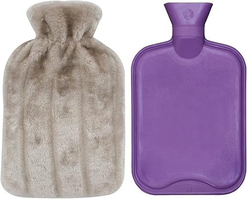 Miniatura 9 de HomeTop Botella de agua caliente de goma clásica de alta calidad y lujosa funda de forro polar de felpa de piel sintética con decoración de pompones