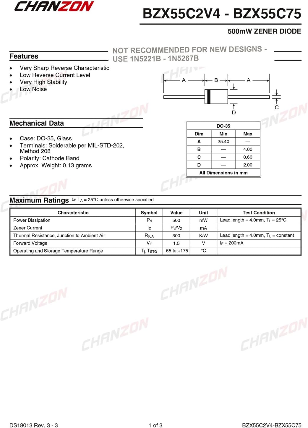 Chanzon 100pcs BZX55C9V1 (1N5239B) Zener Diode 0.5W 9.1V DO-35