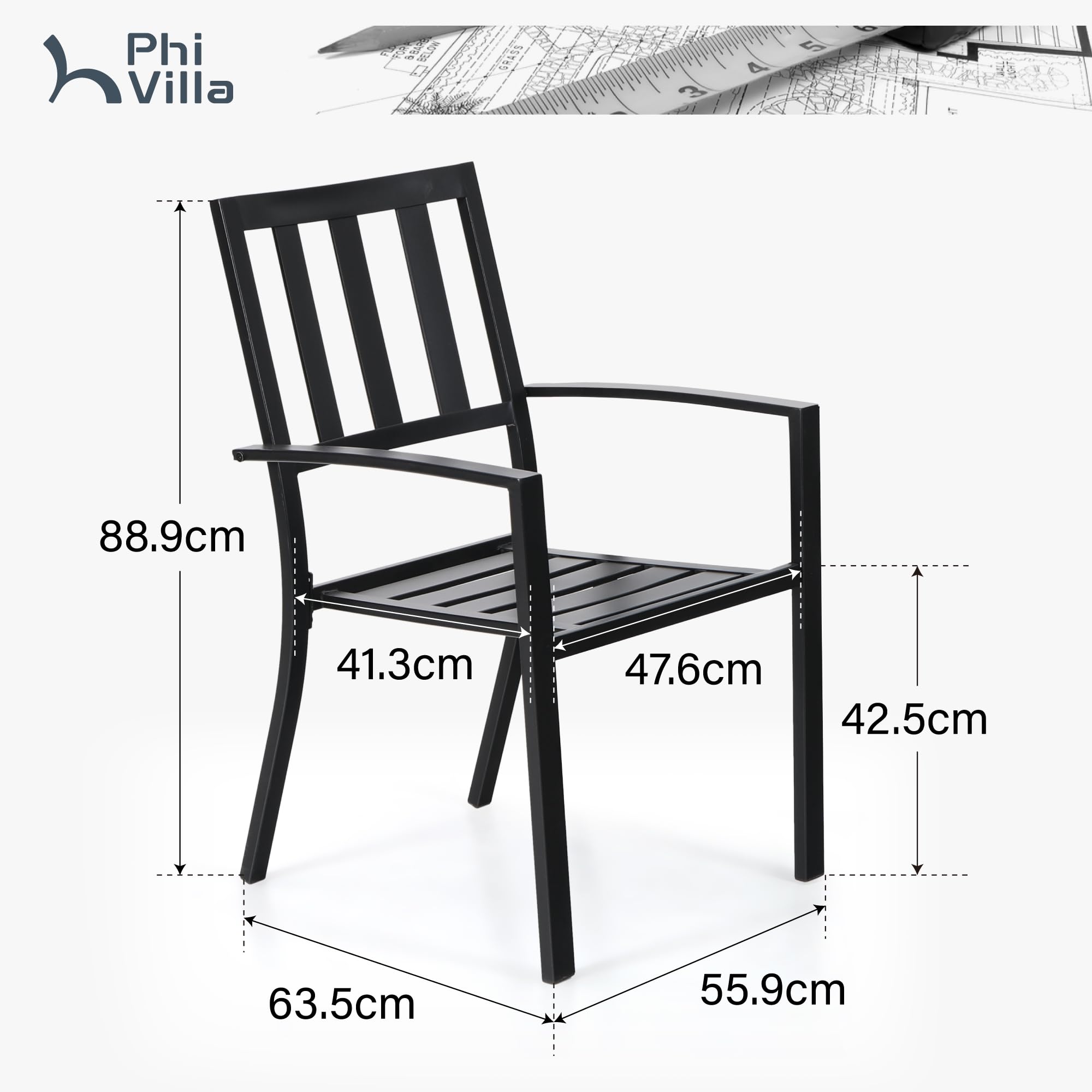 PHI VILLA Gartenstühle 8er Set Wetterfest Terrassenstühle Metall Balkonstuhl Stapelstühle mit Armlehnen für Garten und Außenbereich, Schwarz