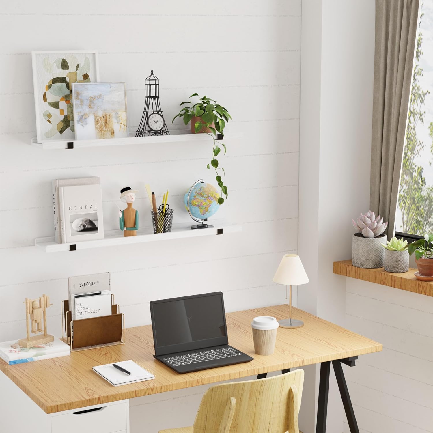 Natural Wood Floating Shelves with Lip, 40 Inch Long White Floating Wall Shelves with Metal Bracket, Set of 2 Picture Ledge Shelf Wall Mounted Shelves for Living Room, Bedroom and Kitchen.