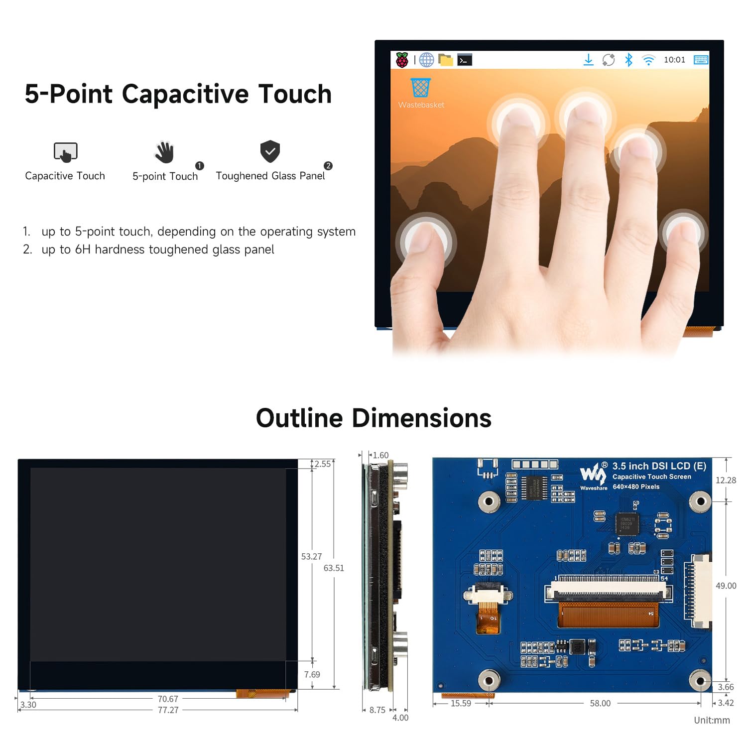 Waveshare 3.5inch DSI Capacitive Touch Display, 5-Point Touch, 640 x 480 Pixels, IPS Display Panel, for Raspberry Pi Series Boards