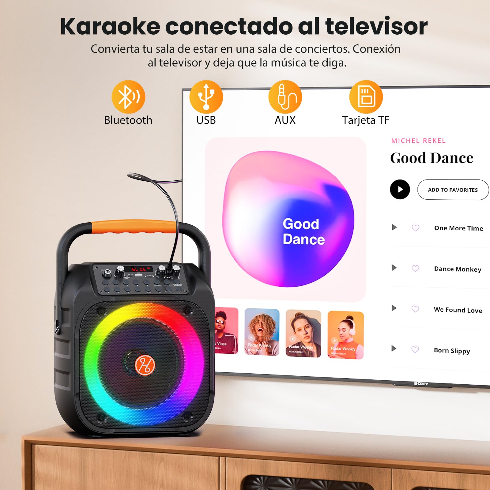 HWWR Máquina Karaoke Adultos, Karaoke Bluetooth portátil con 2 micrófonos inalámbricos, Ajuste Eco, Luces DJ, PA Sistema Altavoces Karaoke con Soporte TV/Rec/AUX/USB/TF Subwoofer 6,5 Pulgadas