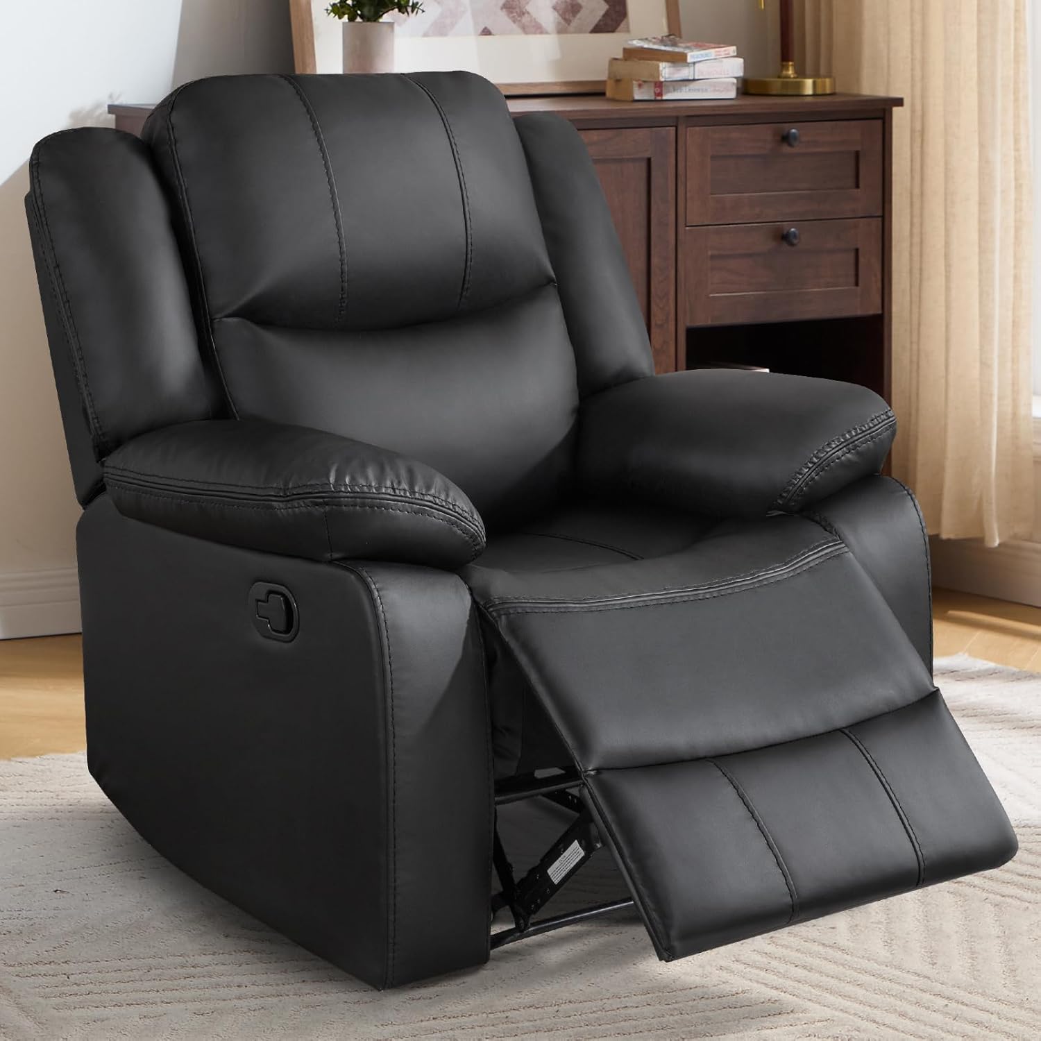 EBELLO Faux Leather Manual Single Recliner Chair, Mid-Century Modern Adjustable Lounge Chair, with Fully Padded Headrest & Comfortable Armrests, for Living Room, Black(No Side Pkt)