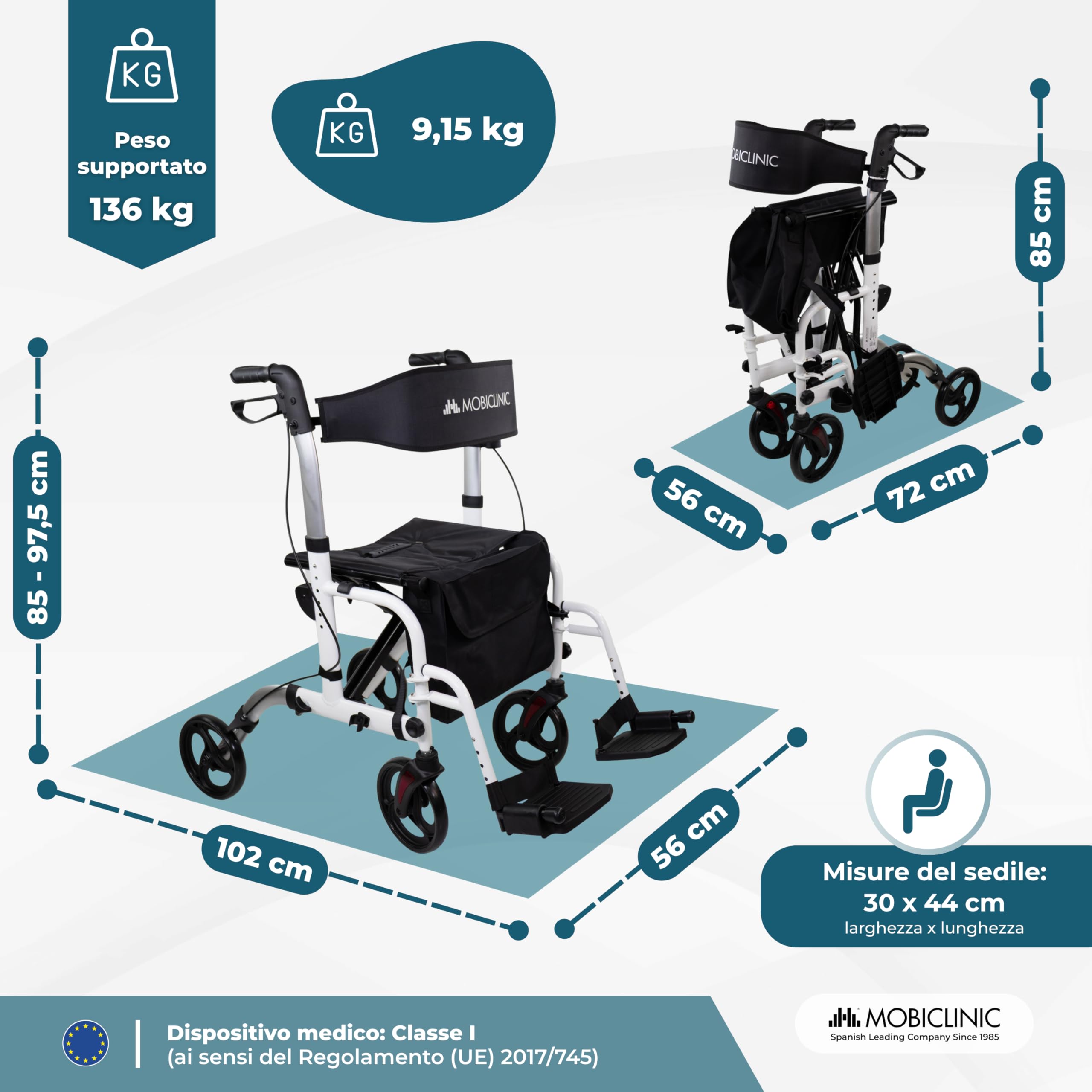 Mobiclinic®, Deambulatore Pieghevole, con Poggiapiedi, Regolabile in Altezza, Max. 136 Kg, con Freni, Schienale Reversibile, Ruote 360º, Borsa, Porta Bastone, Ibiza