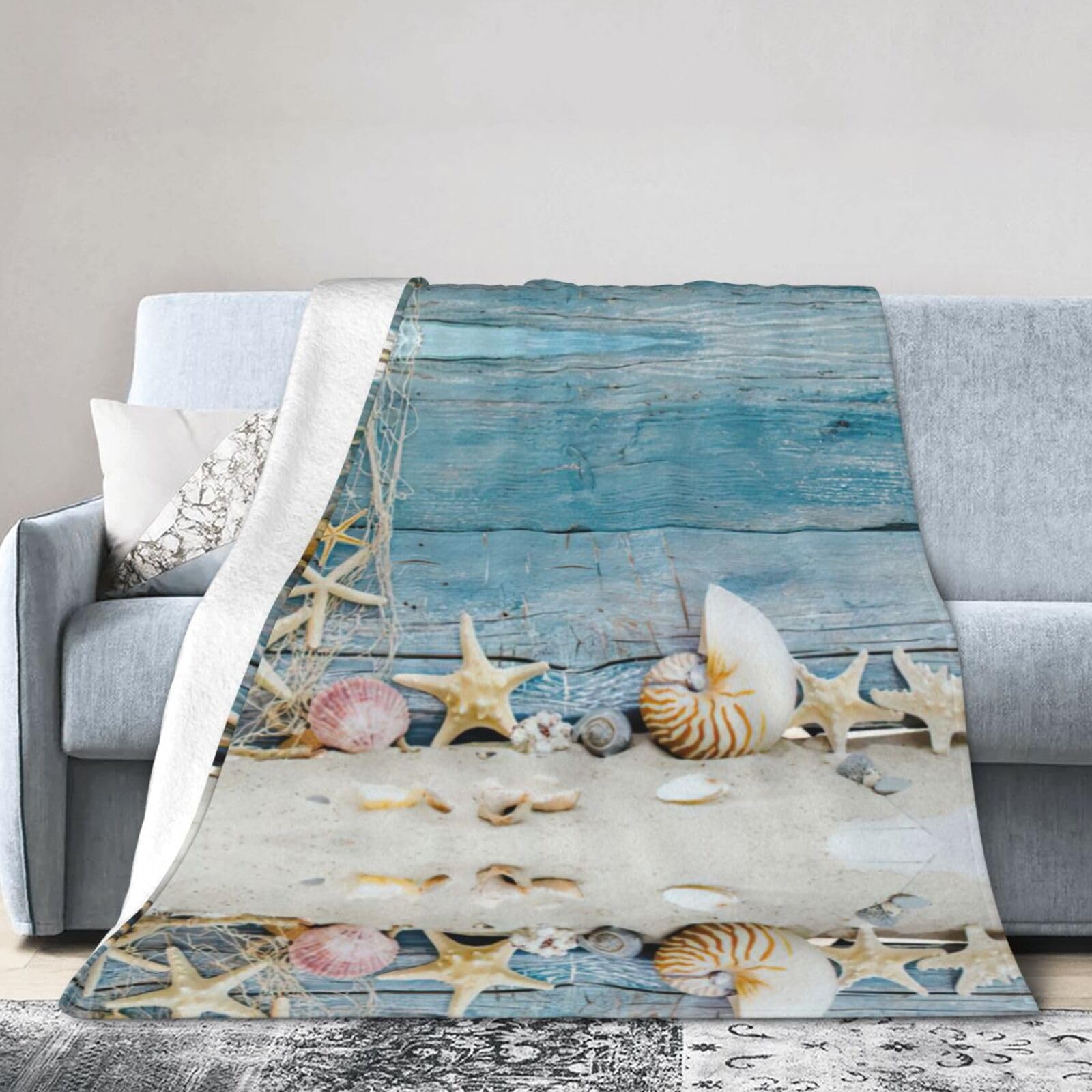 Couverture de voyage en flanelle coquillage et étoile de mer pour lit