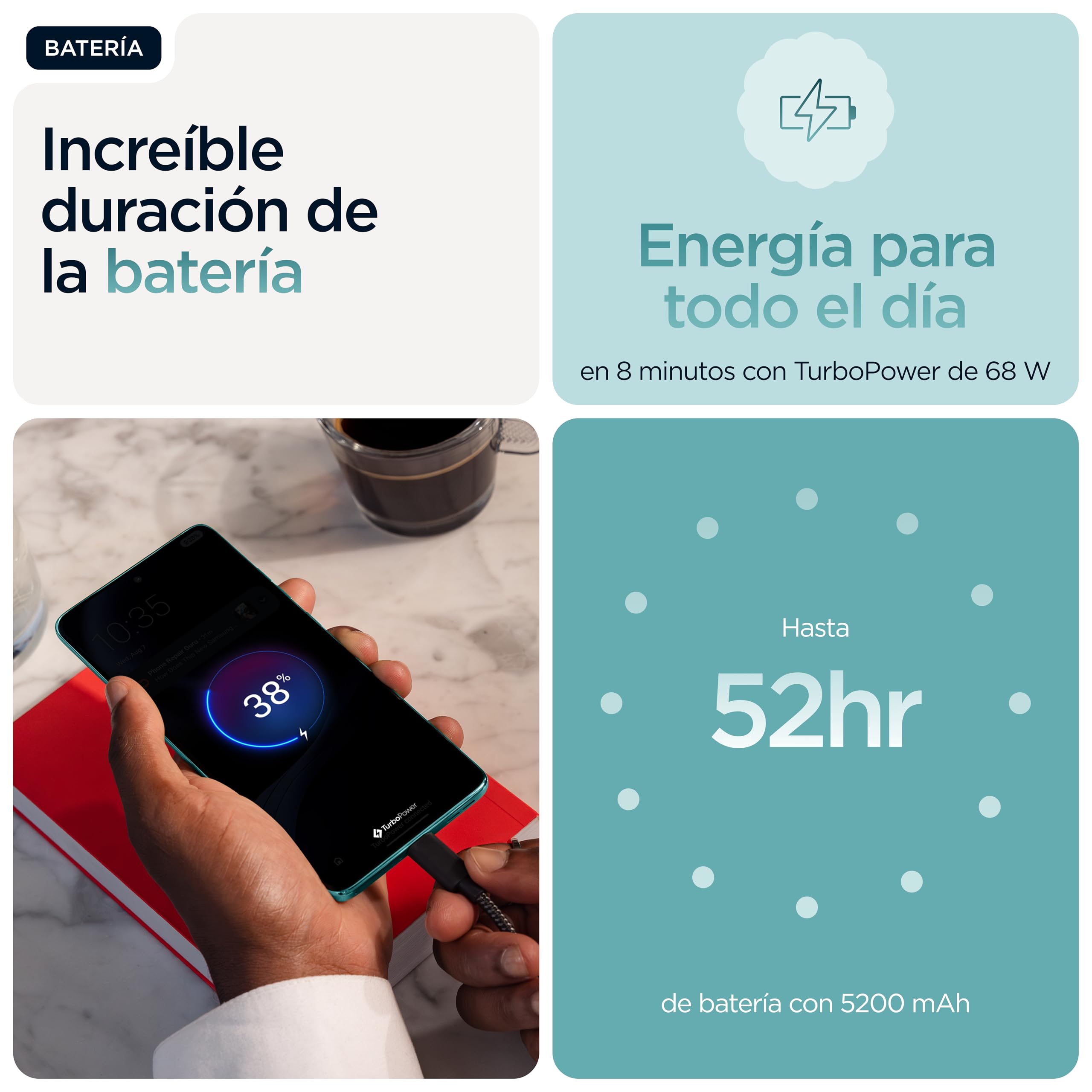 Edge 60 Fusion 24GB (8GB+16GB RAM Boost)/256GB Amazonite, España. Diseño de cuádruple Curva. Cámara Sony LYTIA™ de 50 MP. Pantalla Brillante con resolución Super HD (1220p) y 4500 nits. 5100 mAh