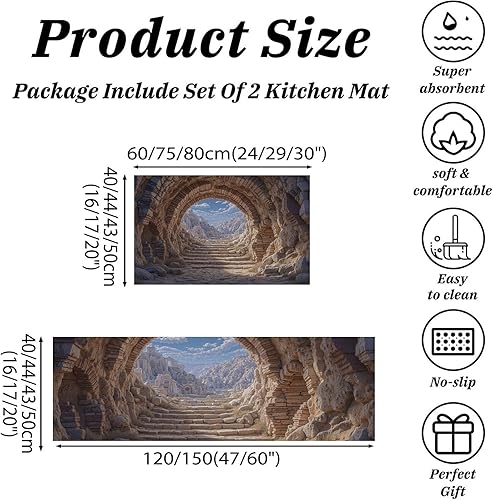 Miniatura 2 de 3D Rock Cave Kitchen Mats, Retro Architecture Kitchen Rugs Set of 2, Brown Washable Floor Carpet, Xmas Decor Mats for Hallways Bathroom Living Room