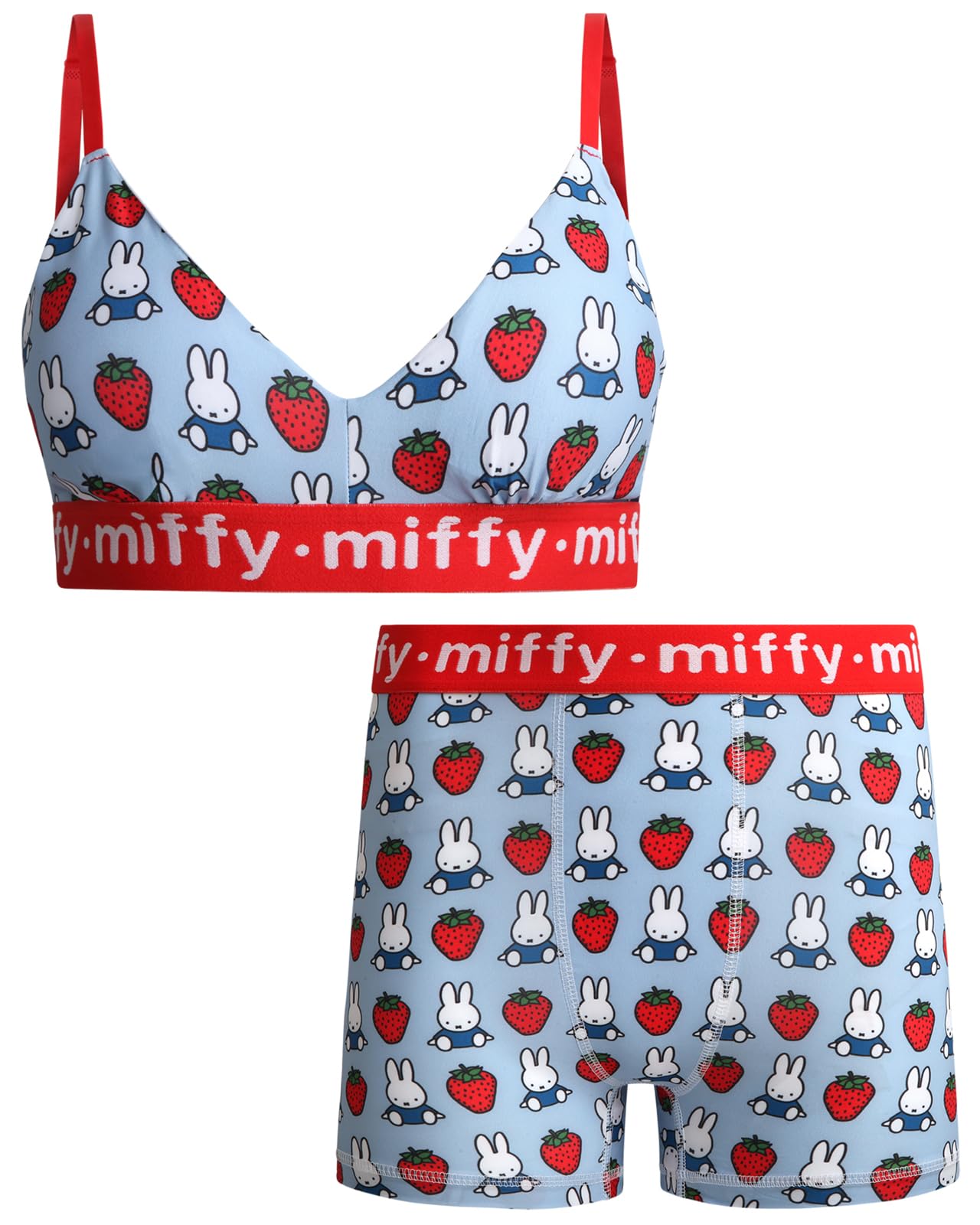 Coco Brands Women's Blue Miffy & Strawberries Print Underwear Set - 2 Piece V-Shaped Sports Bras For & Boy Shorts Bra And Panty Set (S-Xl), Large