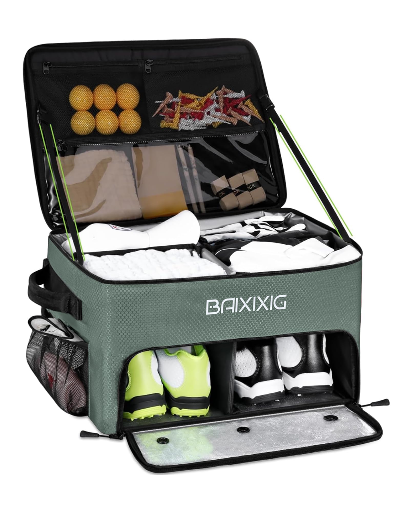 BAIXIXIG Golf Trunk Organizer, Waterproof Car Golf Locker with Separate Ventilated Compartment for 2 Pair Shoes, Golf Storage for Balls, Tees, Cap,