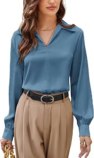 Business Casual Tops for Women Satin Silk Blouse Collared V Neck Long Sleeve Work Shirts Dressy Tops Fall Clothes