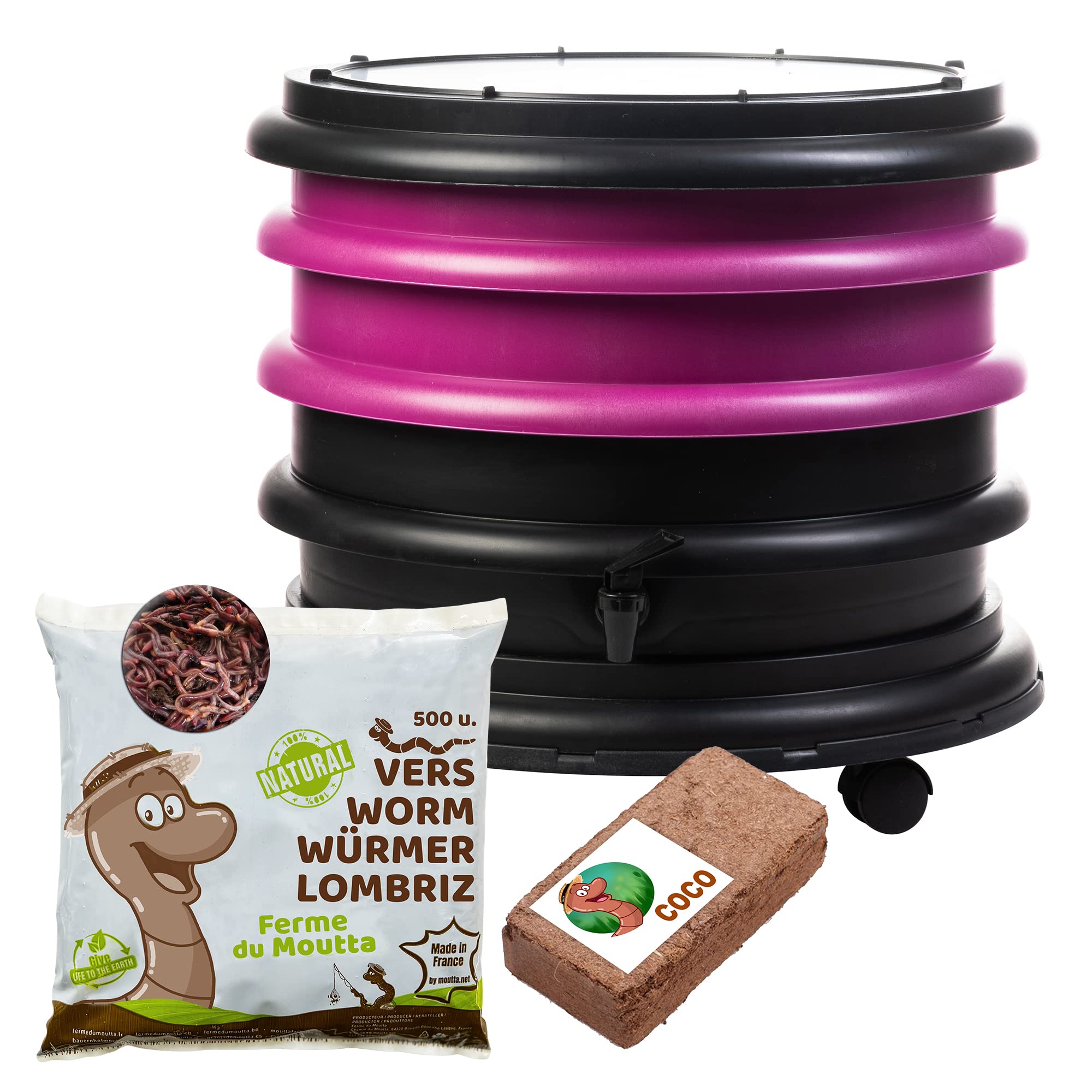WORMbox | Wormery Worm Farm composter 2 Raspberry Trays + 250gr of Compost Worms / 500 ctn + 1 Coco | 32 liters | Organic Waste Compost, make your Worm Castings