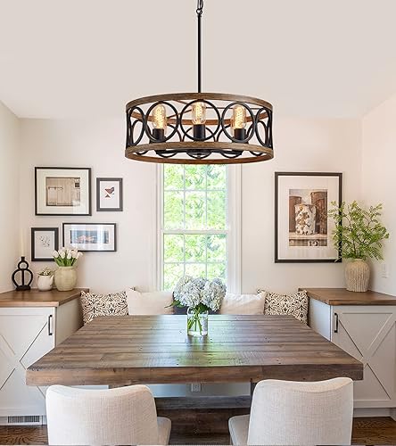 Miniatura 3 de Candelabro moderno de tambor de granja, acabado de madera negro y retro, 6 luces redondas de metal antiguo vintage para cocina, comedor, sala de