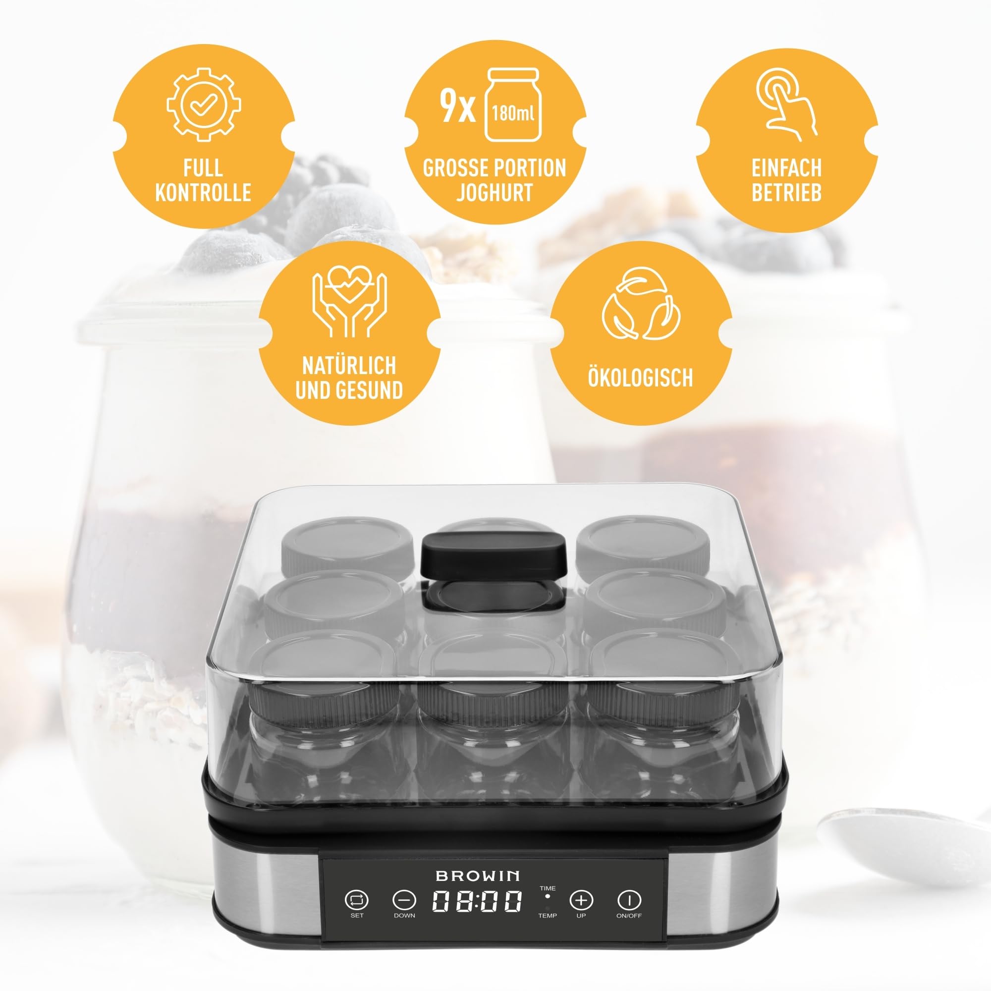 BROWIN Joghurt-Maker mit Thermostat, Joghurtbereiter mit 1,6 l Fassungsvermögen, 9 Gläser, Weiß | Temperaturbereich: 25-65°C | ür selbstgemachten Joghurt, enthält 9 Joghurtgläser mit Deckel