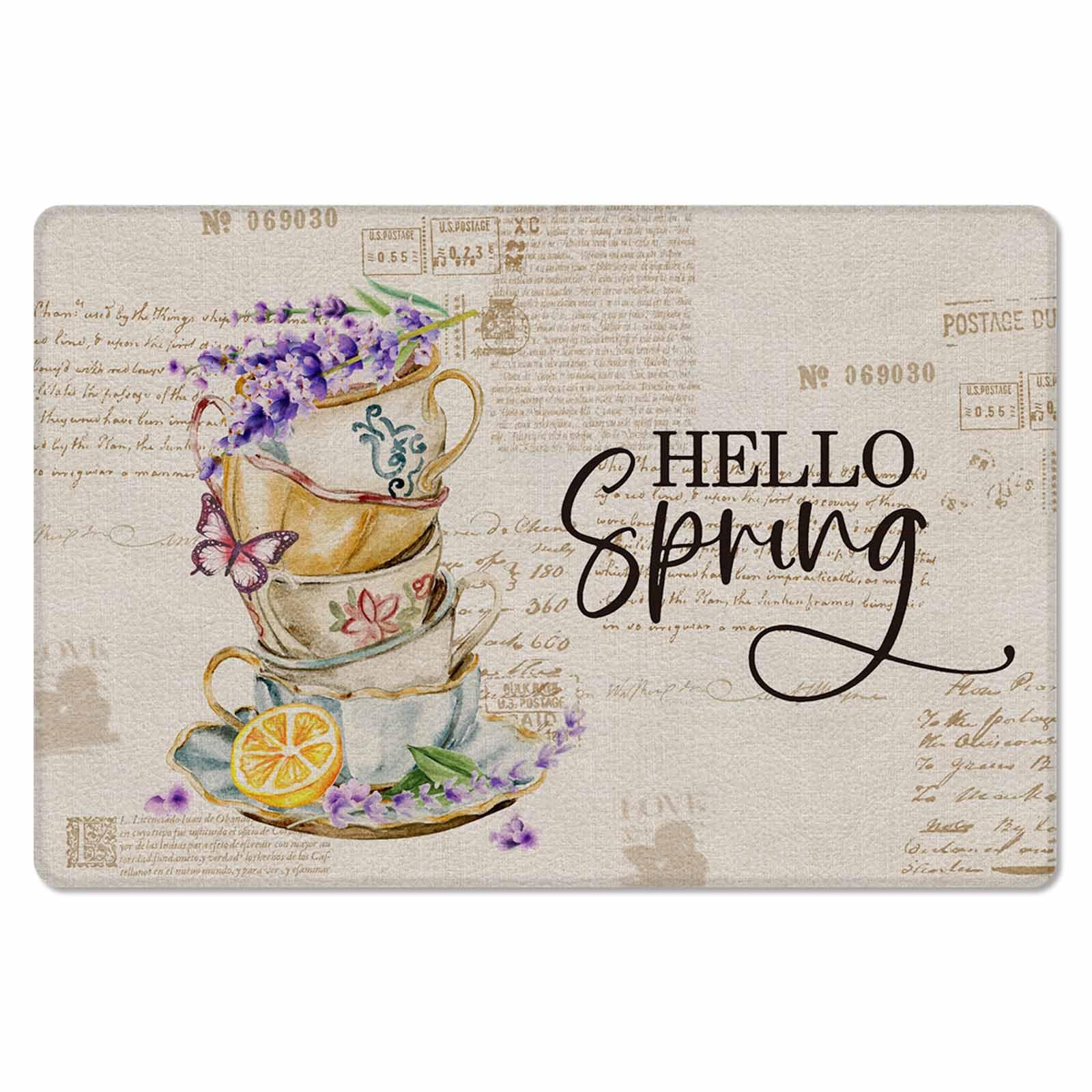 Lavender Flowers Antifatigue Kitchen Bath Door Mat Cushioned Runner Rug,Washable Welcome Floor Sink Mat,Waterproof & Non-Slip Kitchen Standing Doormat,Vintage Brown Teacup Spring Summer Lemon 18