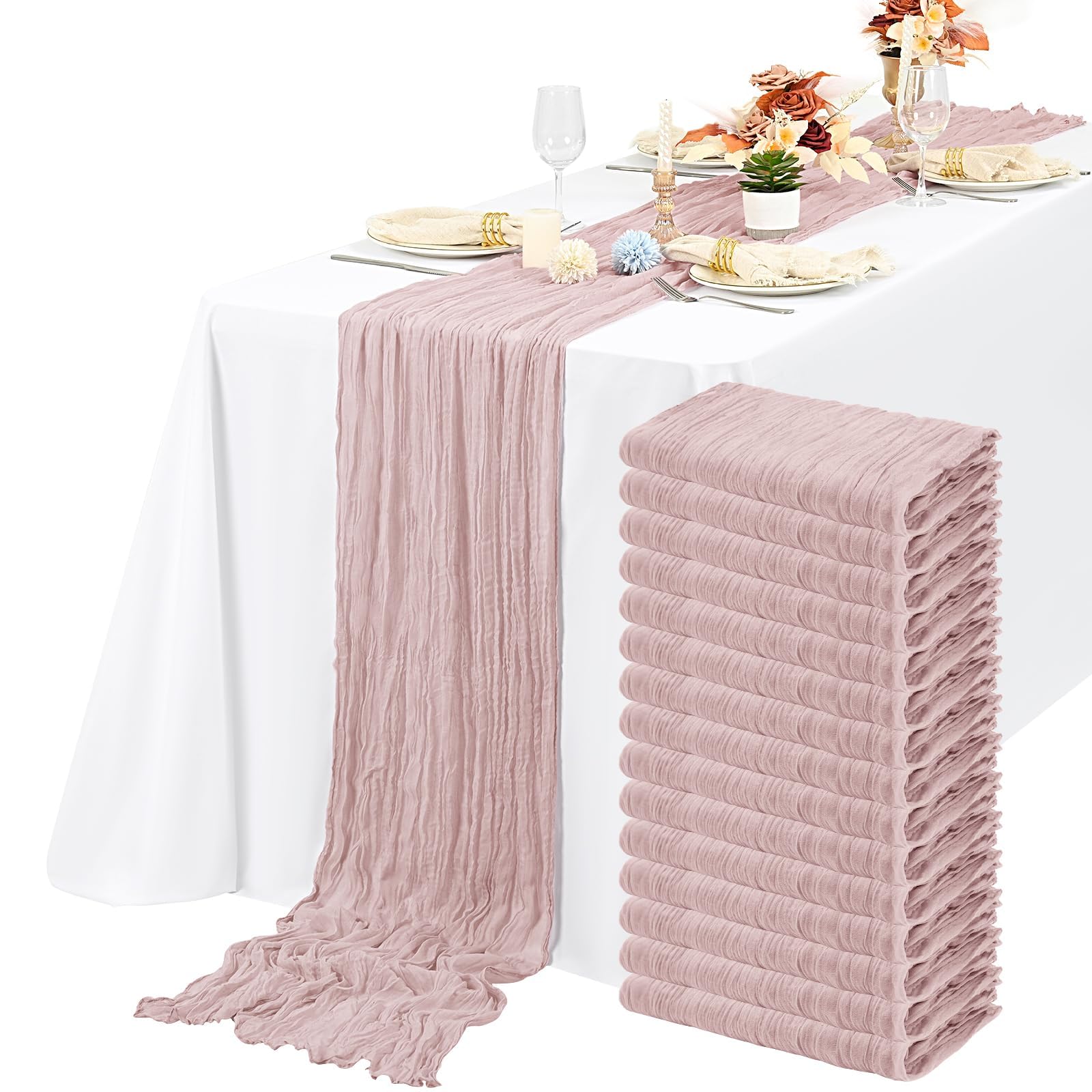 15 Packs Cheesecloth Table Runner Dusty Pink Semi-Sheer Table Runner 55x300cm, Rustic Gauze Boho Table Runner, Wedding Table Decor Table Cloth for Bridal Shower Party Wedding Holiday — image 1