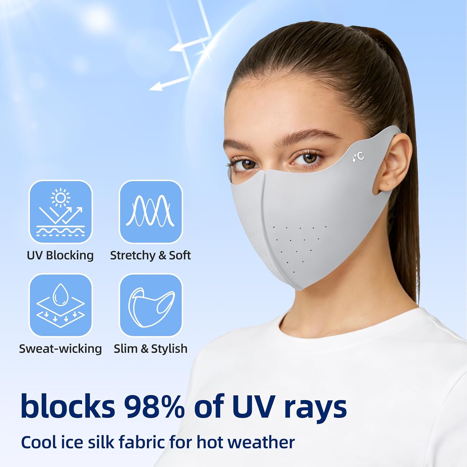 UV Face Mask,Ice Silk Sun Mask,Washable Reusable Cooling Breathable Face Cover for Outdoor Sports, Grey