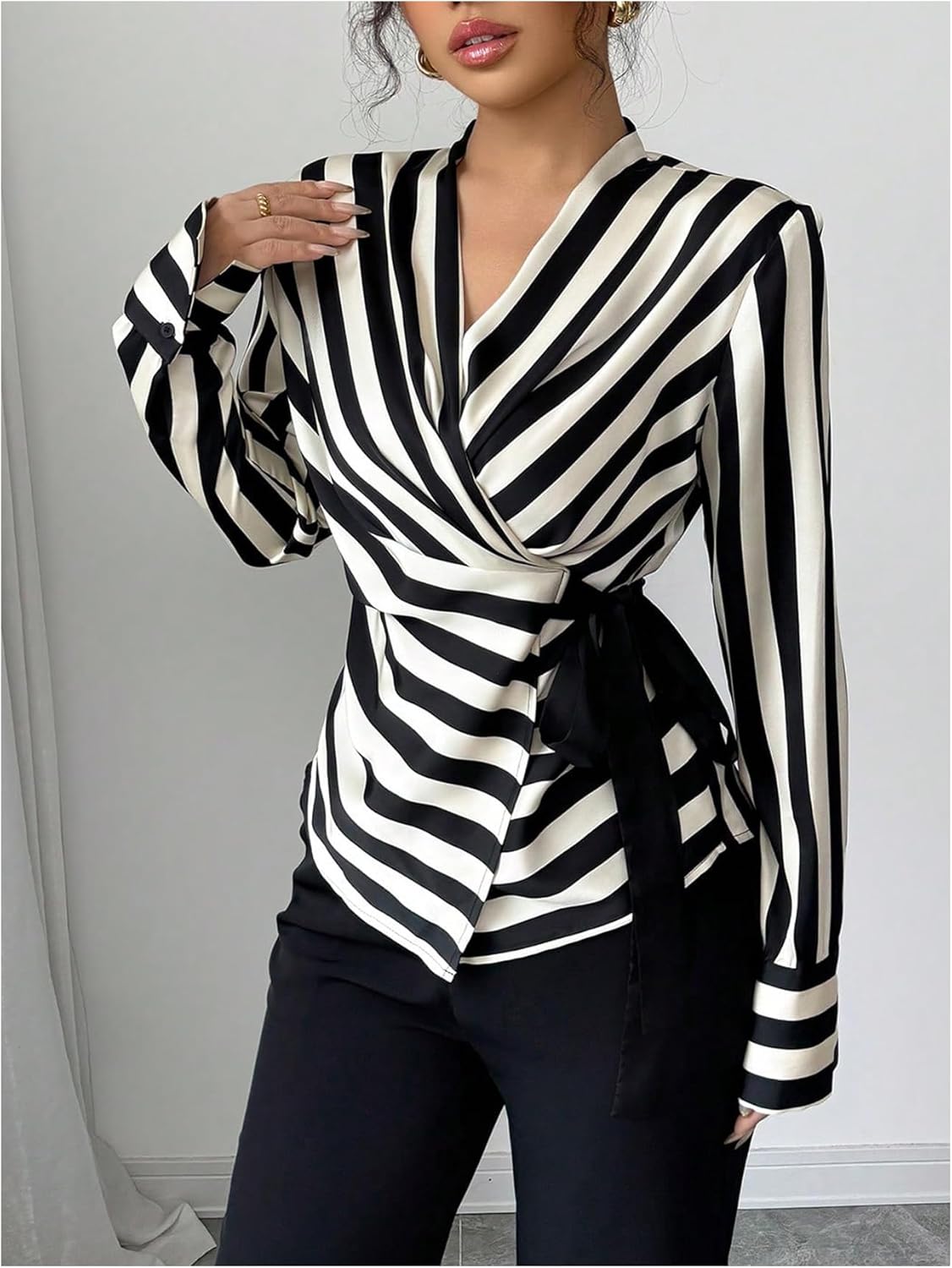 SOLY HUX Women's Tie Front Wrap Tops Striped Long Sleeve Shirt V Neck Dressy Casual Blouses - Image 5