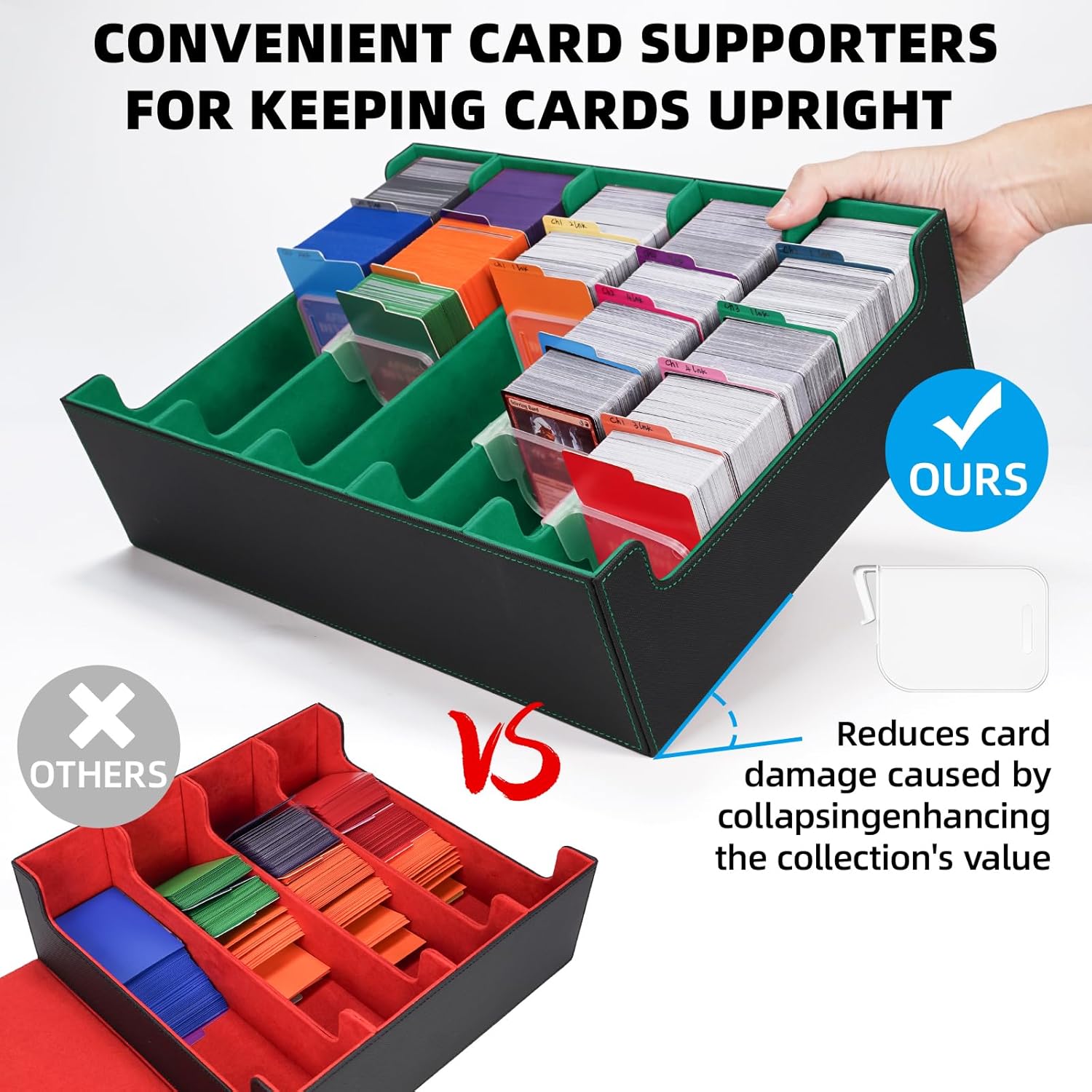 AFIING MTG Deck Box 3800+, Trading Card Storage with 24 Dividers & 8 Card Supports, DIY Toploader Storage Box,Card deck box for 3"x4" Rigid Cards, Magic & Sports Cards Black Green