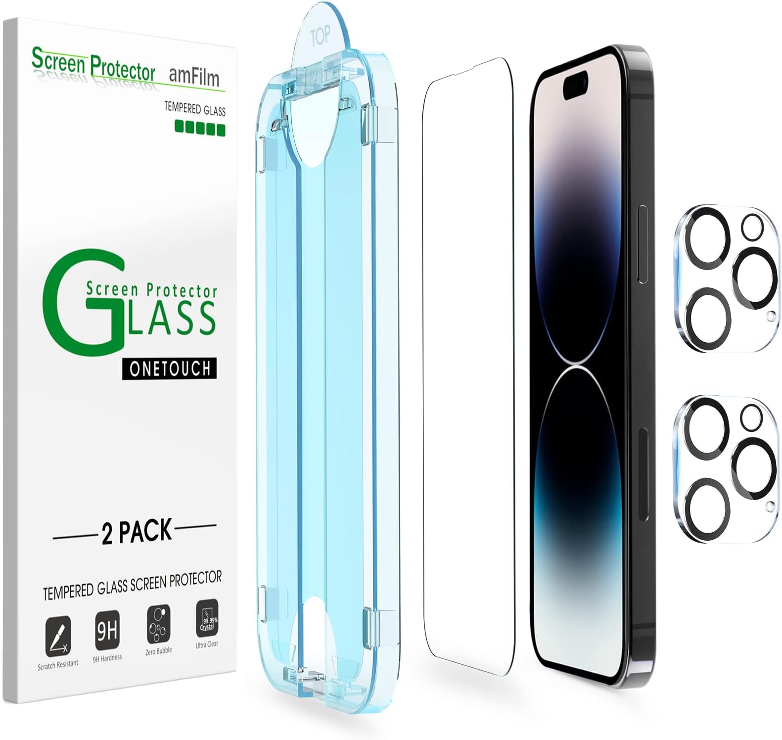 amFilm 2 Pack Tempered Glass Screen Protector + Camera Lens Protector for iPhone 14 Pro Max 6.7 Inch. Easy OneTouch Installation, Auto-Alignment, Bubble Free, Case Friendly, Anti-Scratch