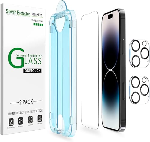 amFilm Paquete de 2 protectores de pantalla de vidrio templado + protector de lente de cámara para iPhone 14 Pro Max de 6.7 pulgadas. Fácil