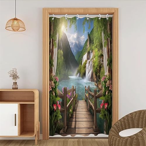 Miniatura 8 de Cortina de ducha verde salvia, planta de montaña, árbol de agua, sol, roca, escalón, naturaleza, juego de decoración de baño, lavable a máquina,