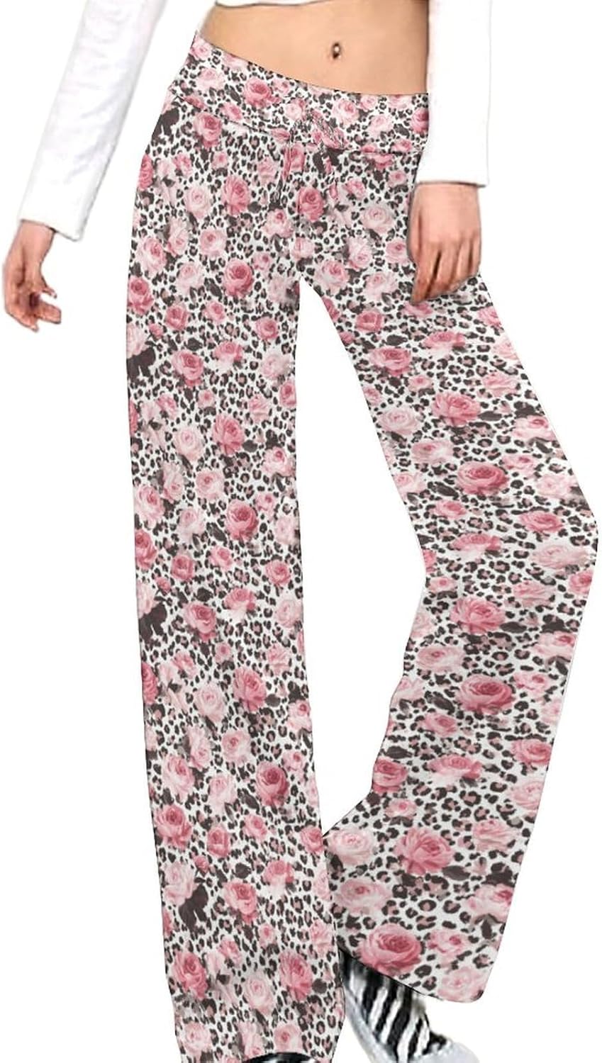 Costaric Women's Striped Palazzo Pants Leopard Wide Leg Lounge Pant Casual Baggy Elastic Waist Straight Drawstring Trousers