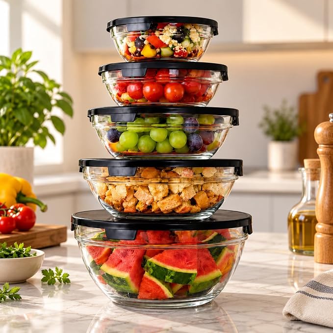 Kit com 5 Bowls de Vidro Herméticos Premium 140ml a 930ml | Tampas com Vedação Segura | Alta Resistência e Versatilidade | Ideal para Gelade