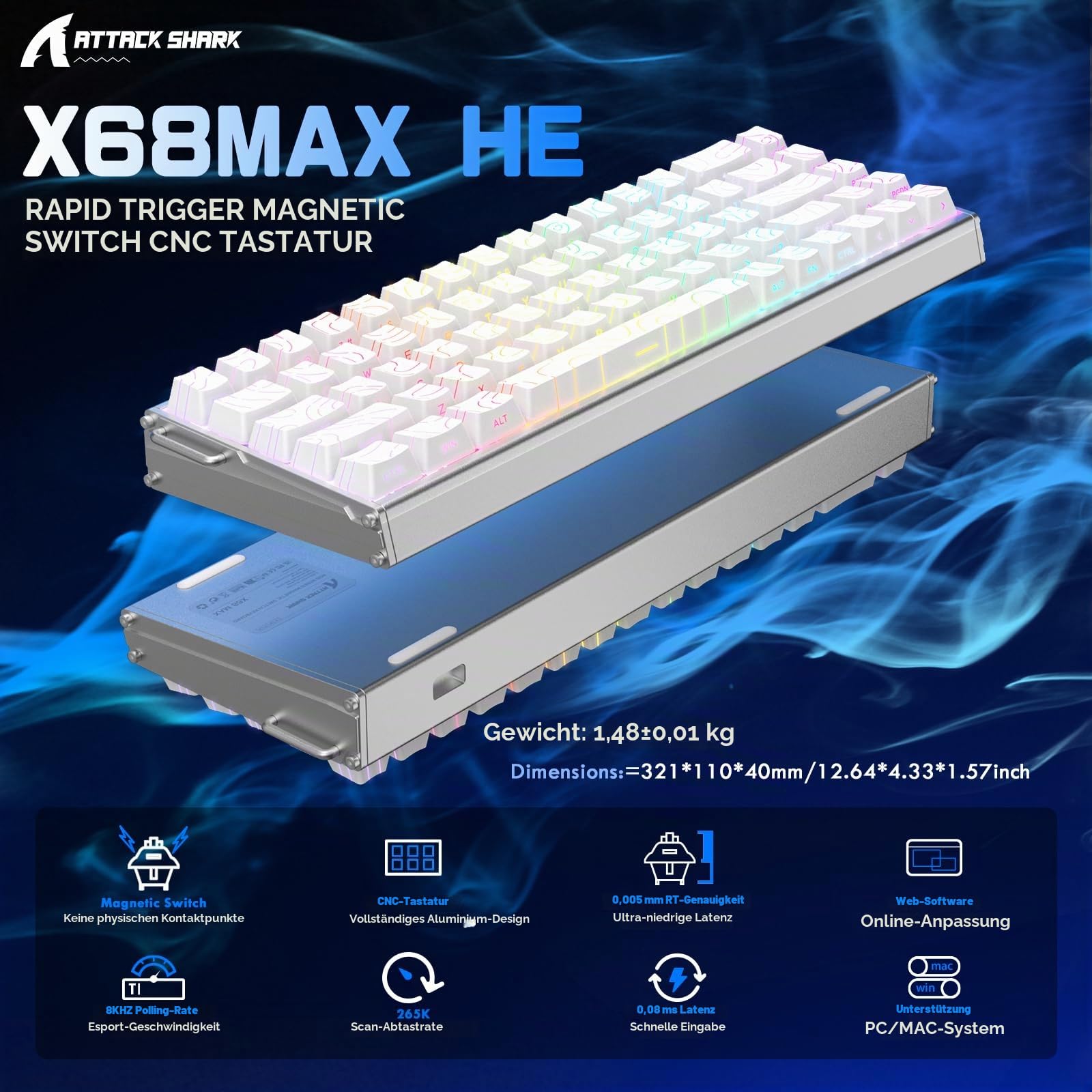 ATTACK SHARK X68MAX HE Vollaluminium-CNC-8KHz-Rapid-Trigger-Tastatur | Magnetschalter, Snap Tap, 0,005mm RT-Genauigkeit, Kabelgebundene RGB-Gaming-Tastatur, C01Ultral-Kabel, PC/Mac, Weiß Konturen