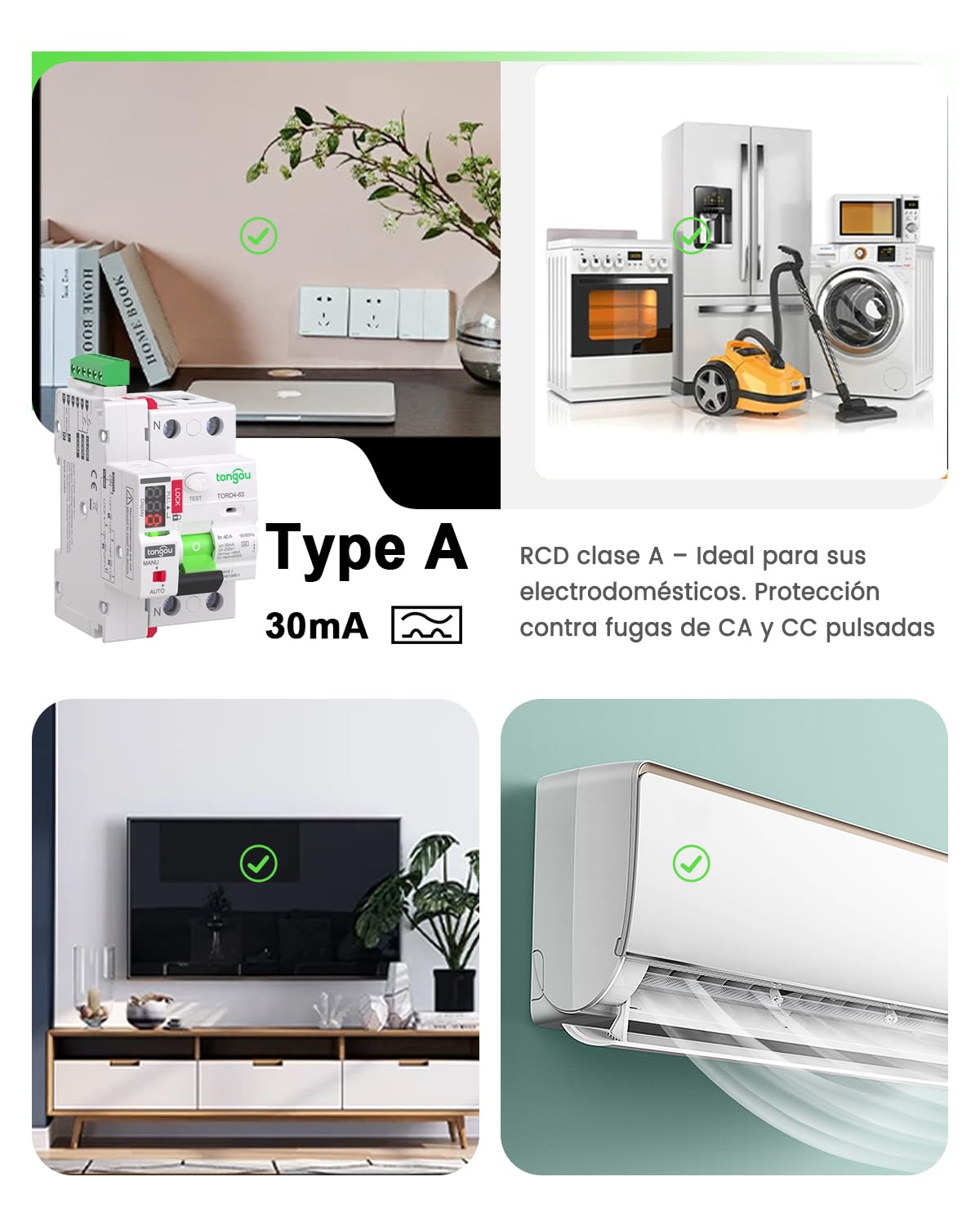 TONGOU Diferencial Auto Rearmable, Diferencial 40A 30mA, Tipo A 1P+N 230V, Diferencial Superinmunizado Rearmable, Aplicable a Viviendas Familiares, Edificios Comerciales Pequeños, etc