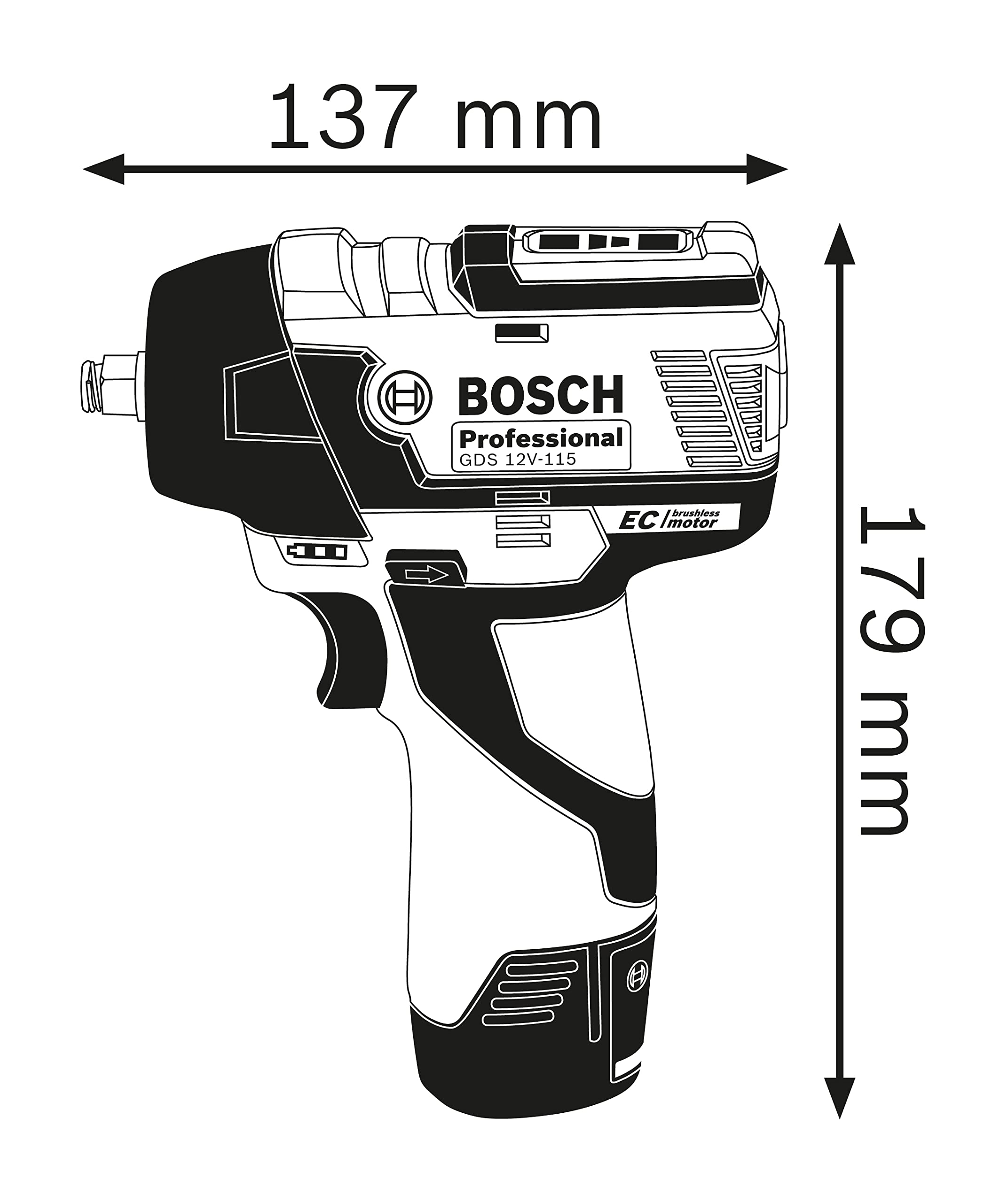 Bosch Professional system 12V: akumulatorowy klucz udarowy GDS 12V-115 (maksymalny moment obrotowy 115 Nm, liczba udarów 0 – 3 100 min–1, walizka L-BOXX)