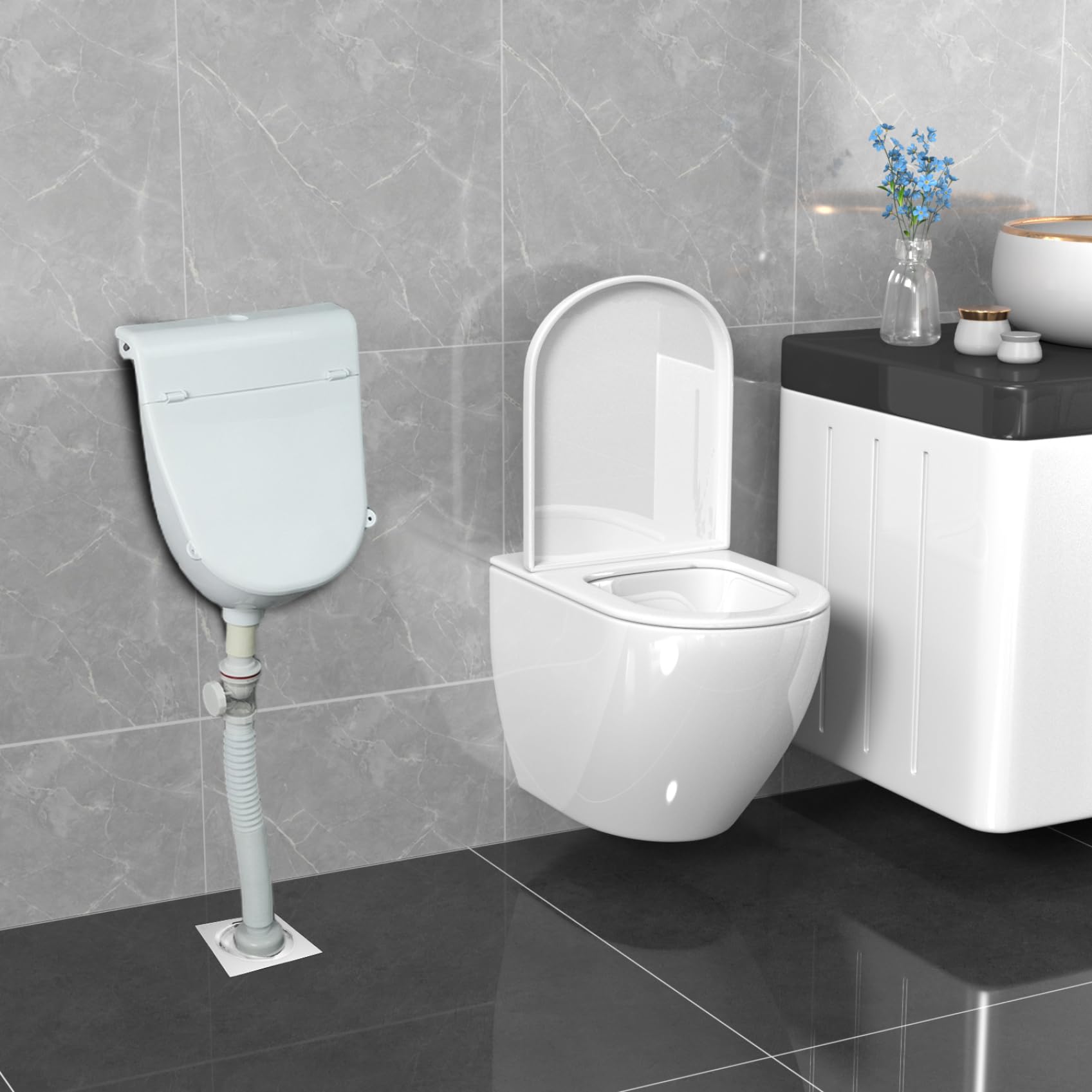 Urinal Mit Deckel Pissoir Wasserlose Urinalwand montiertes Anti Splash Plastik Urinale für Männer mit Pfeife für Badezimmer Toilettenhausgarten RV, weiß
