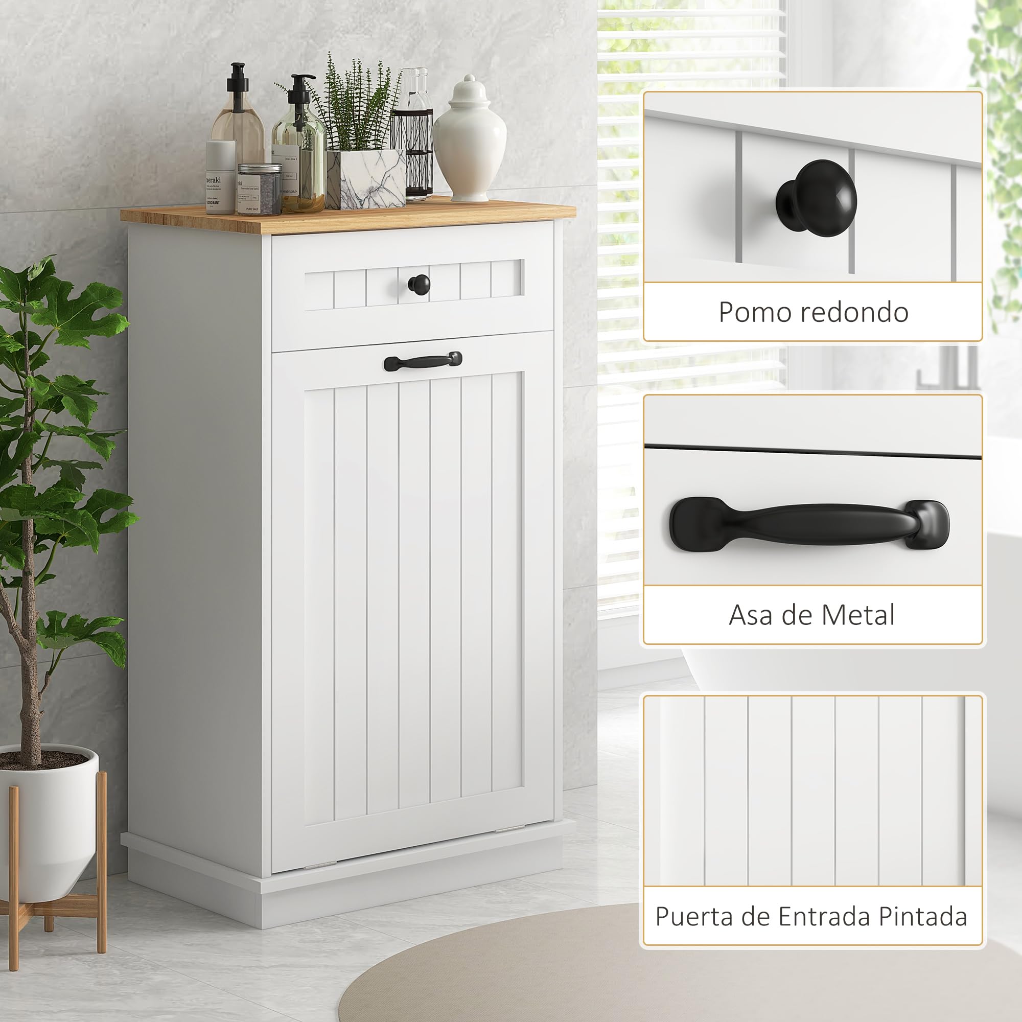 HOMCOM Mueble Auxiliar de Baño Cesto para Ropa Sucia Armario de Baño con Cajón y Diseño Anti-vuelco Mueble de Baño Moderno 52x33x90 cm Blanco