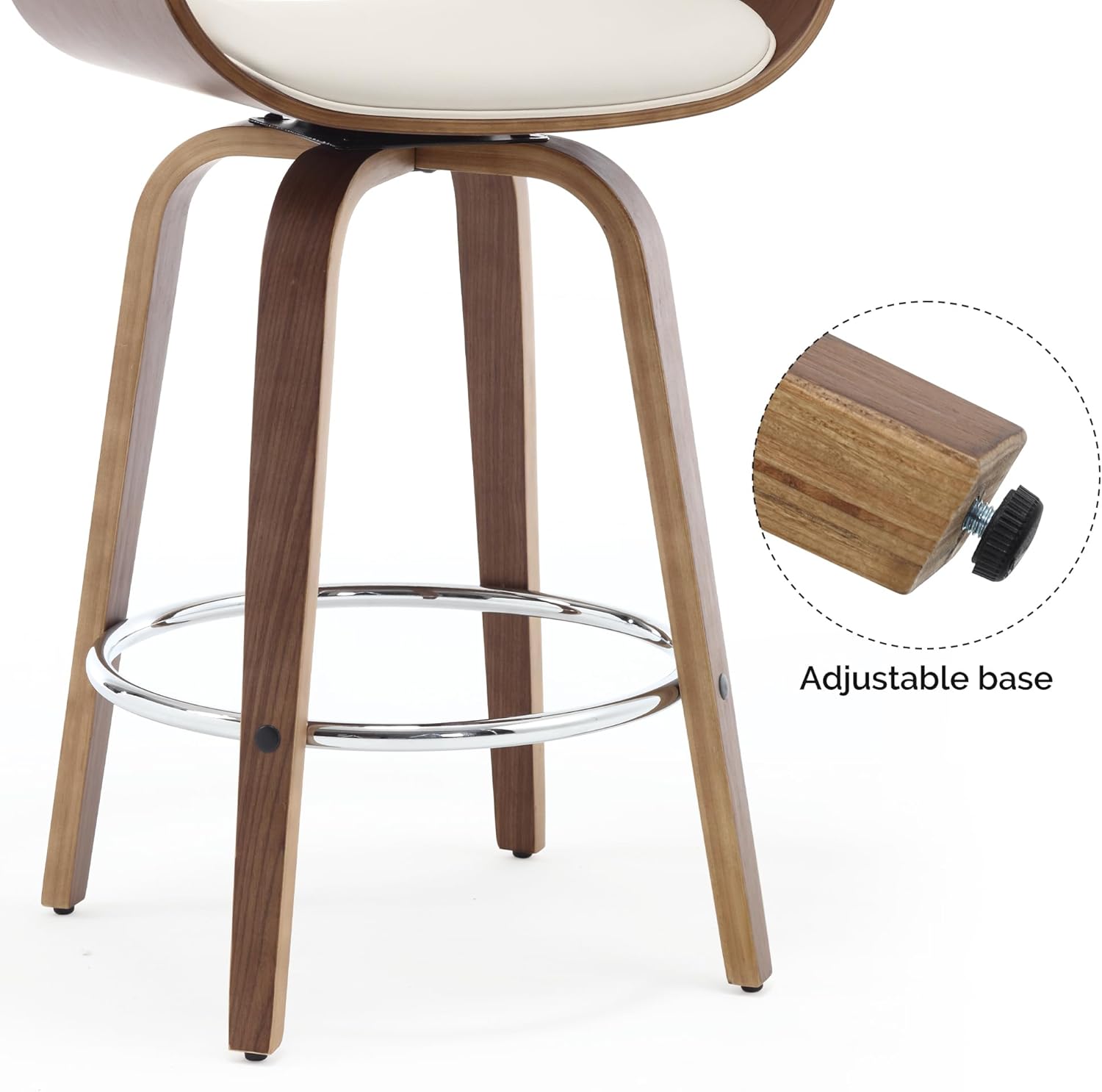 Swivel Counter Height Bar Stools with Back, 26" Faux Leather Barstools with Walnut Bent Wood Legs, Mid-Century Modern Bar Chairs Upholstered Counter Stools for Kitchen Island, Cream