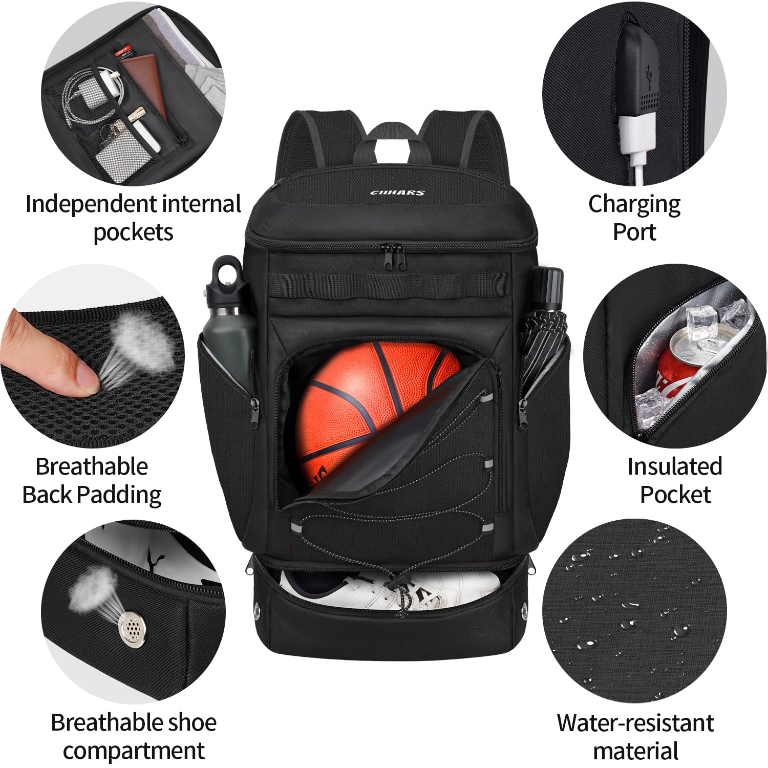 Basketball-Rucksack, große Sporttasche mit separatem Ballhalter und Schuhfach, ideal für Basketball, Fußball, Volleyball, Fitnessstudio