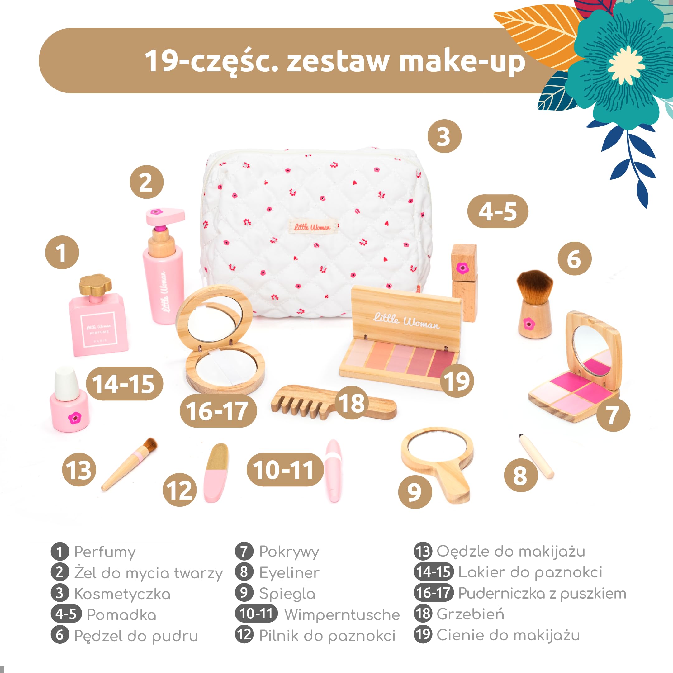 UMU® zestaw do makijażu dla dzieci z drewna – zestaw kosmetyczny i do makijażu z kosmetykami, pomadką do ust, perfumami, pudrem i torebką kosmetyczną – zabawka do makijażu dla dziewczynek od 3, 4, 5