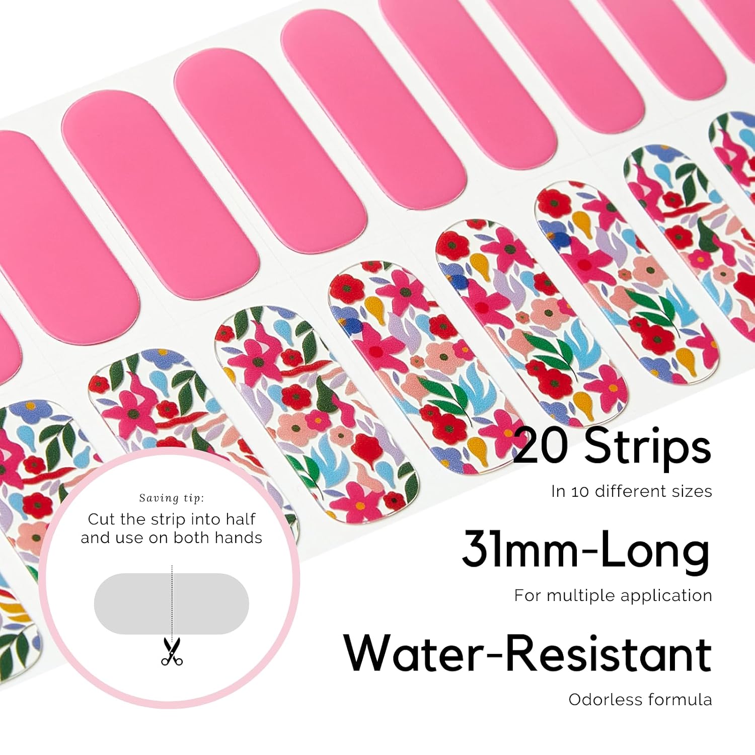 NAILOG Semi Cured Gel Nail Strips, 20 Pcs Pink Flowers Long Lasting Stickers Extra Long Nail Wraps with Glossy Gel Finishing for Spring Summer, Season